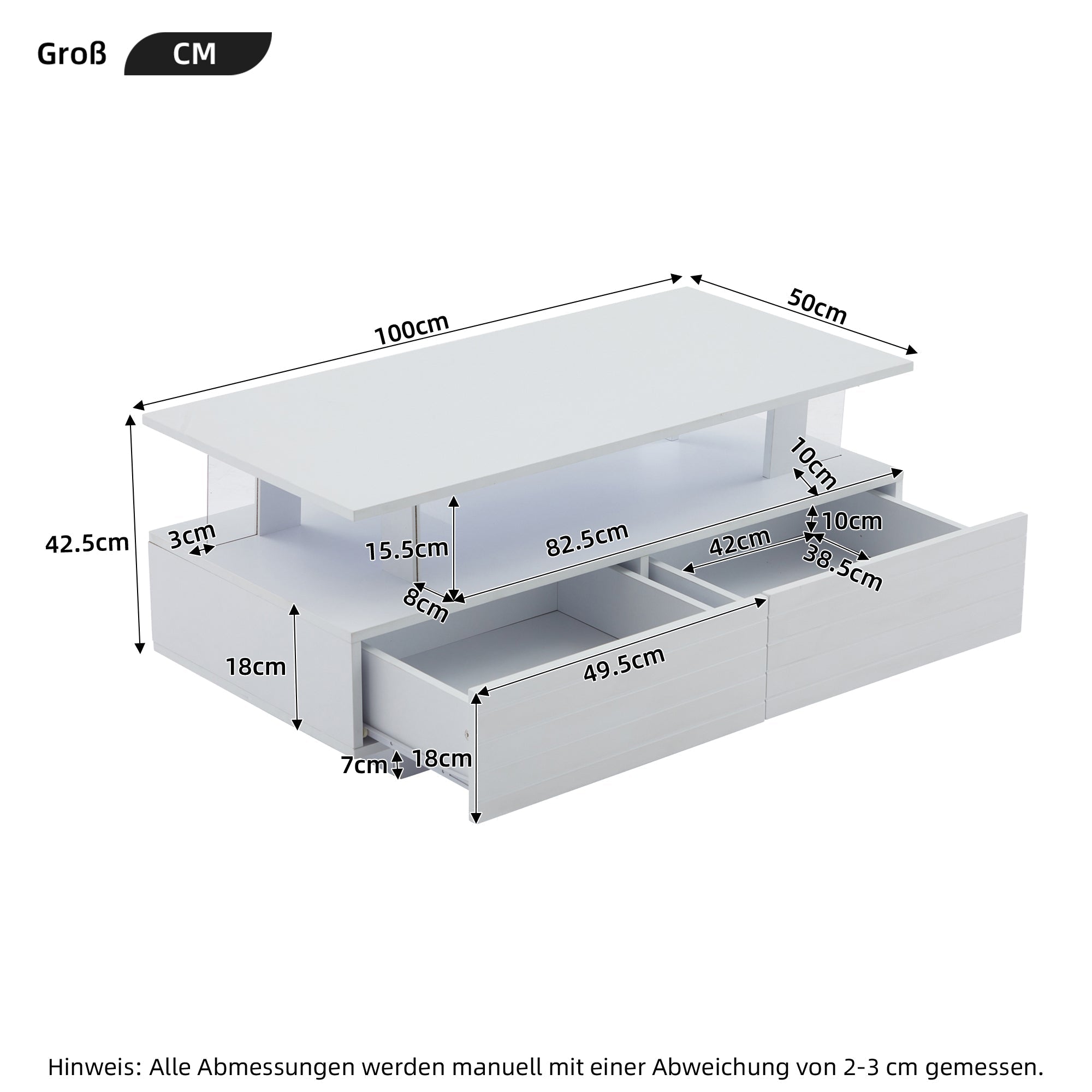 LED Coffee Table, Storage, Double-Layer Rectangular with Bluetooth App, White