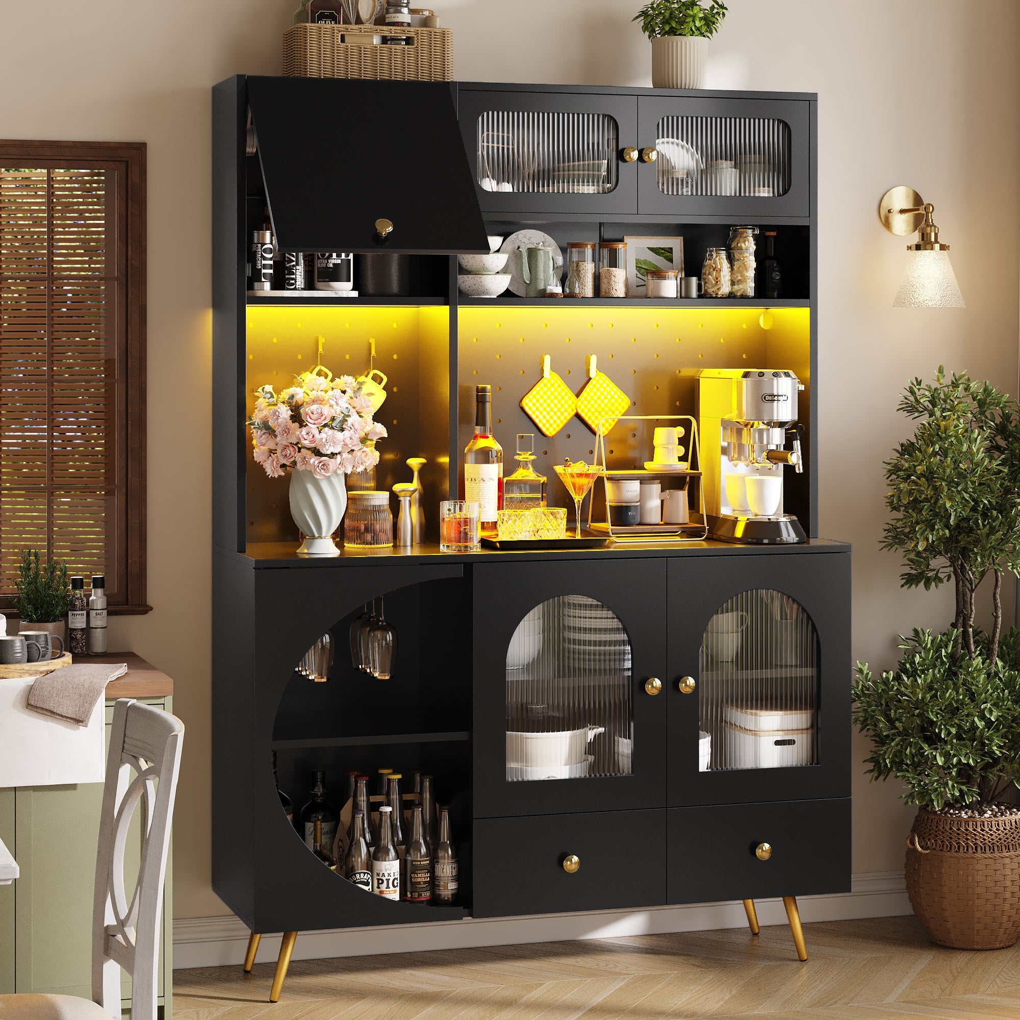 Modern Sideboard with LED Lighting, USB Ports and Sockets, Black