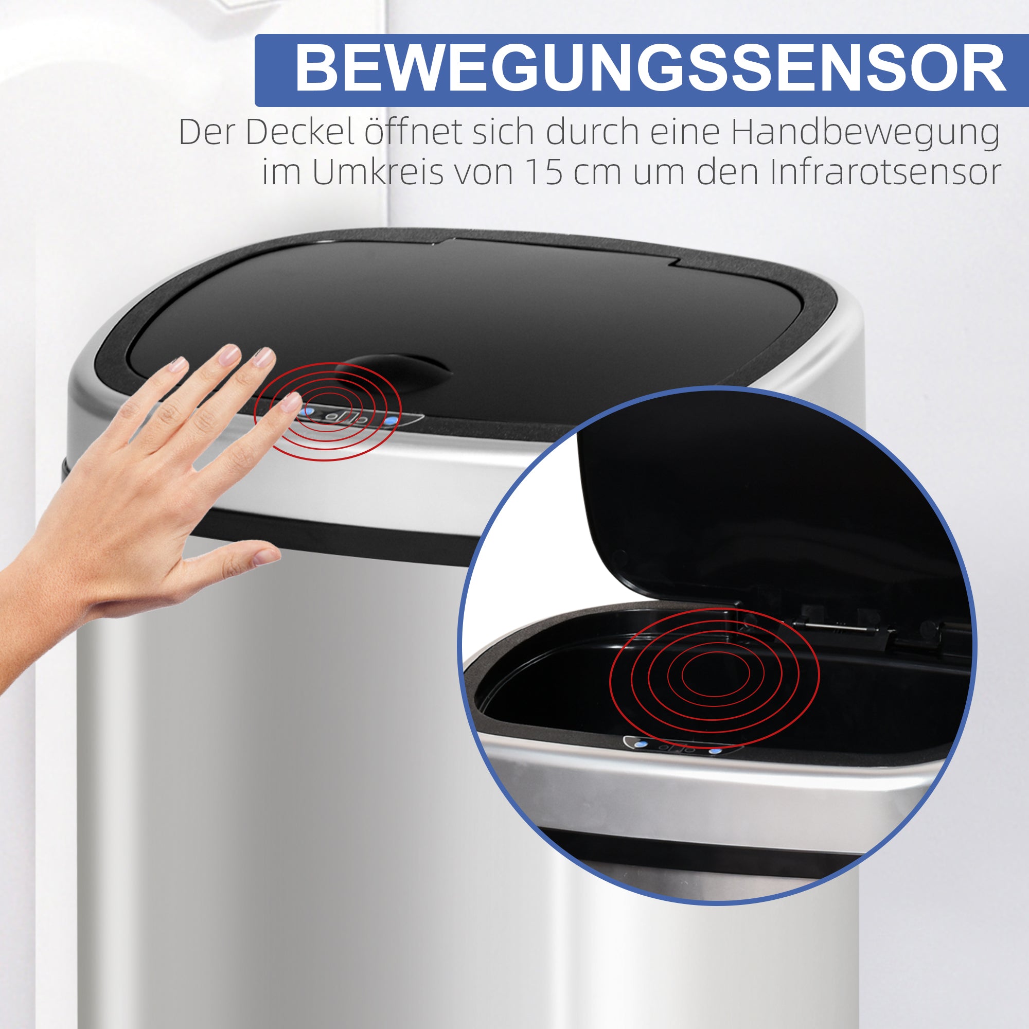 Mülleimer, 48L Infrarotsensor Hygienisch, Edelstahl Silber