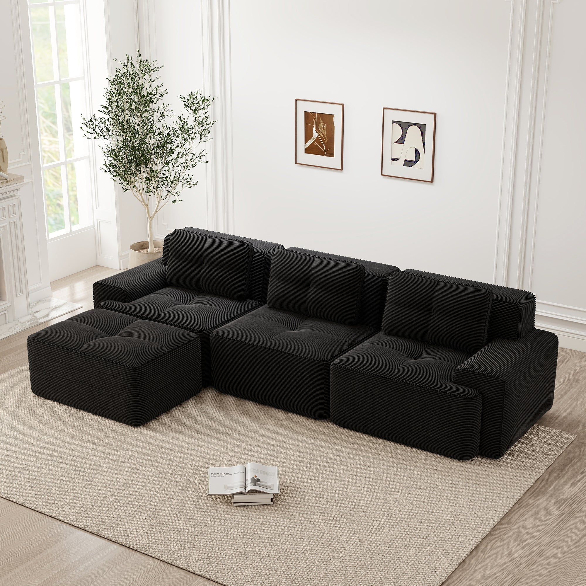 Cloud Modular Sofa L-shaped 3-Seater Ottoman Corduroy Black