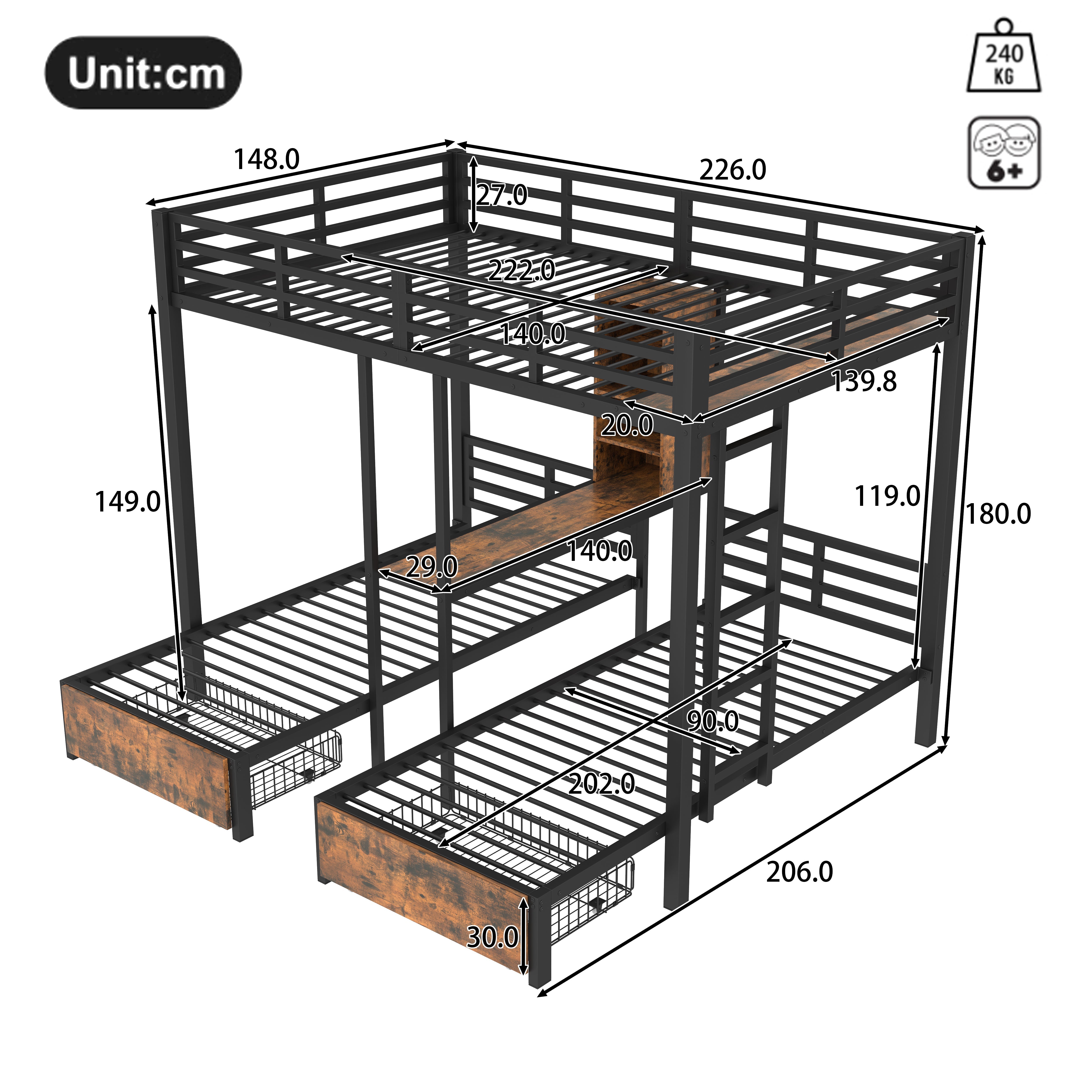Bunk Bed Triple Sleeper 140x200/90x200cm with Storage Drawers and Shelves Black