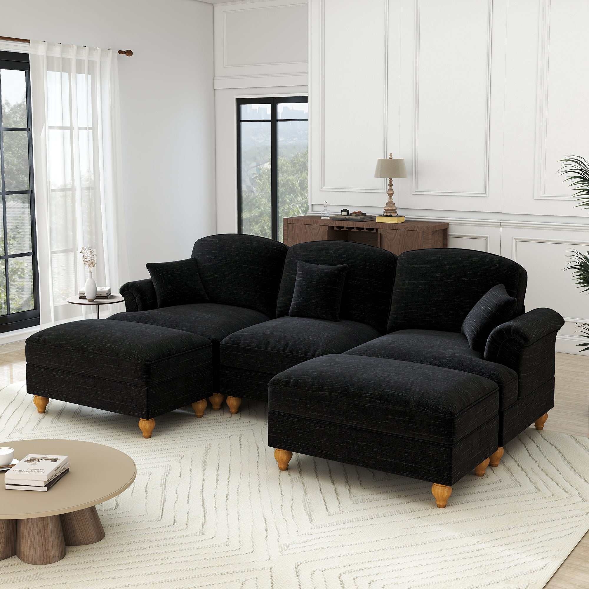 Modular U-Shaped Sofa Movable Ottoman Ruffled Apron Chenille Black