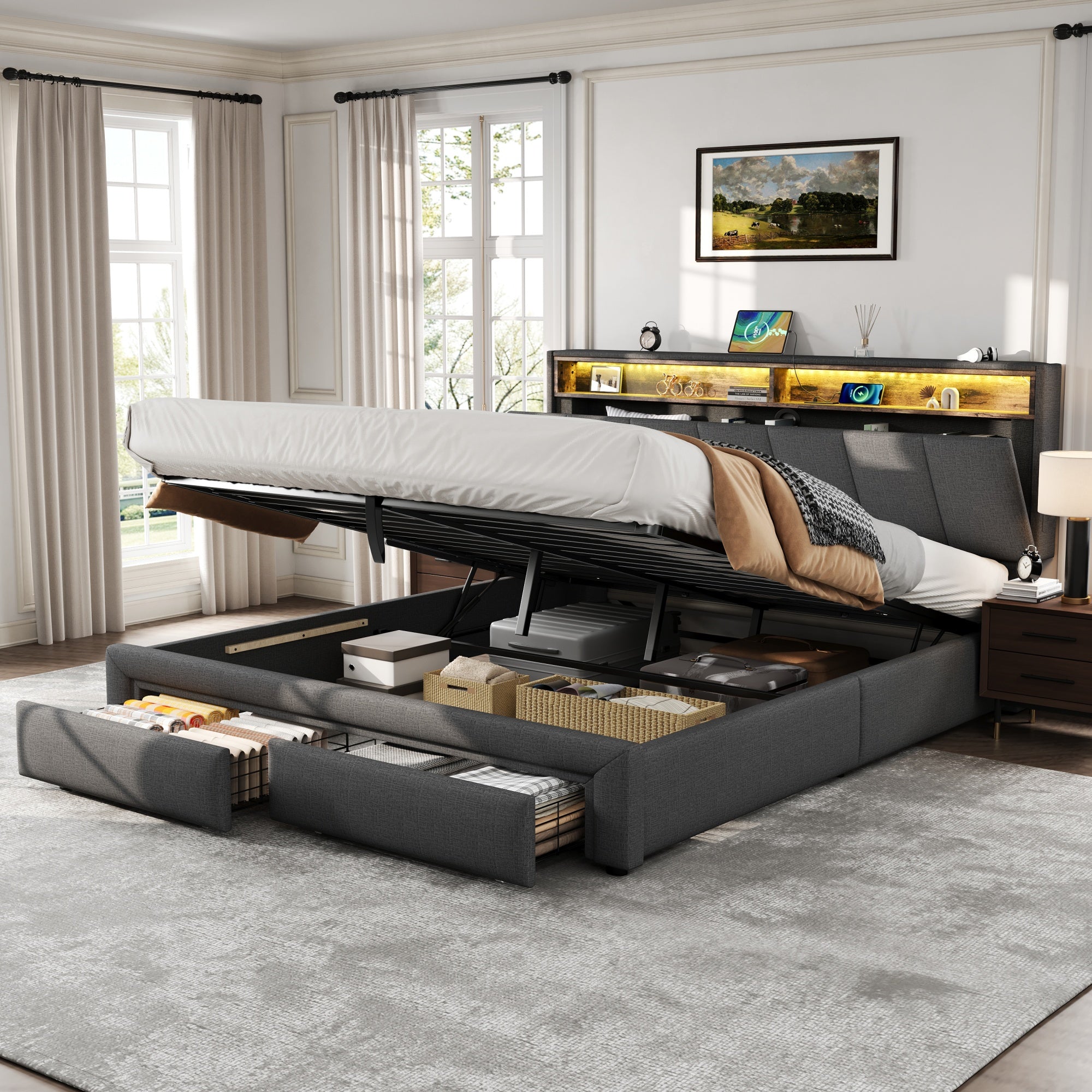 King Upholstered Bed Frame Hydraulic & Drawers Storage, LED Adjustable Headboard, Linen Grey