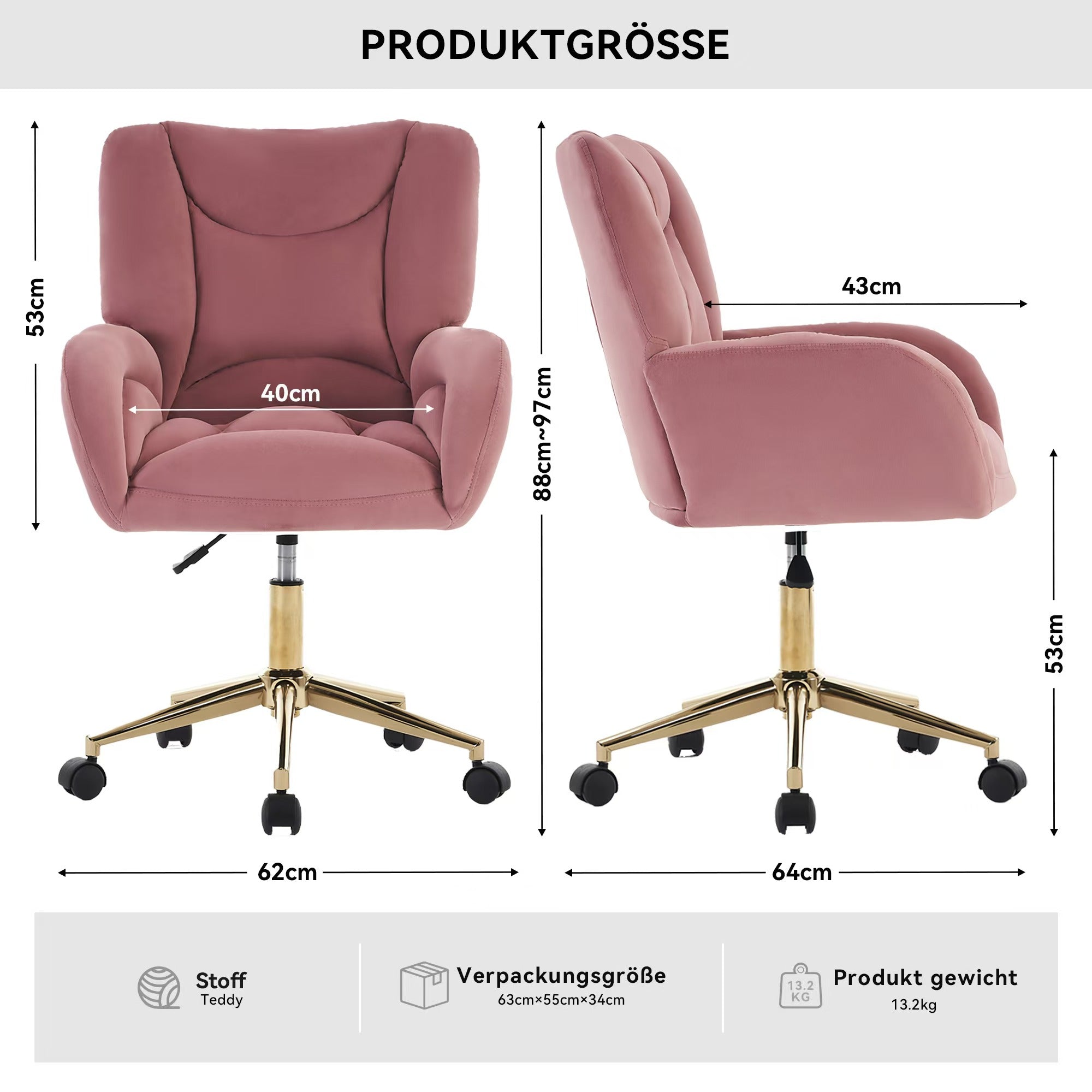 005 Swivel Chair Height-Adjustable Home Office Gold Legs, Velvet Pink