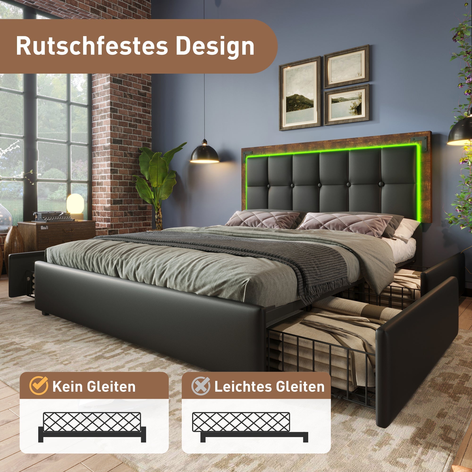 Bed Frame, LED, 4-Drawer, Adjustable Headboard, 160x200cm PU Black