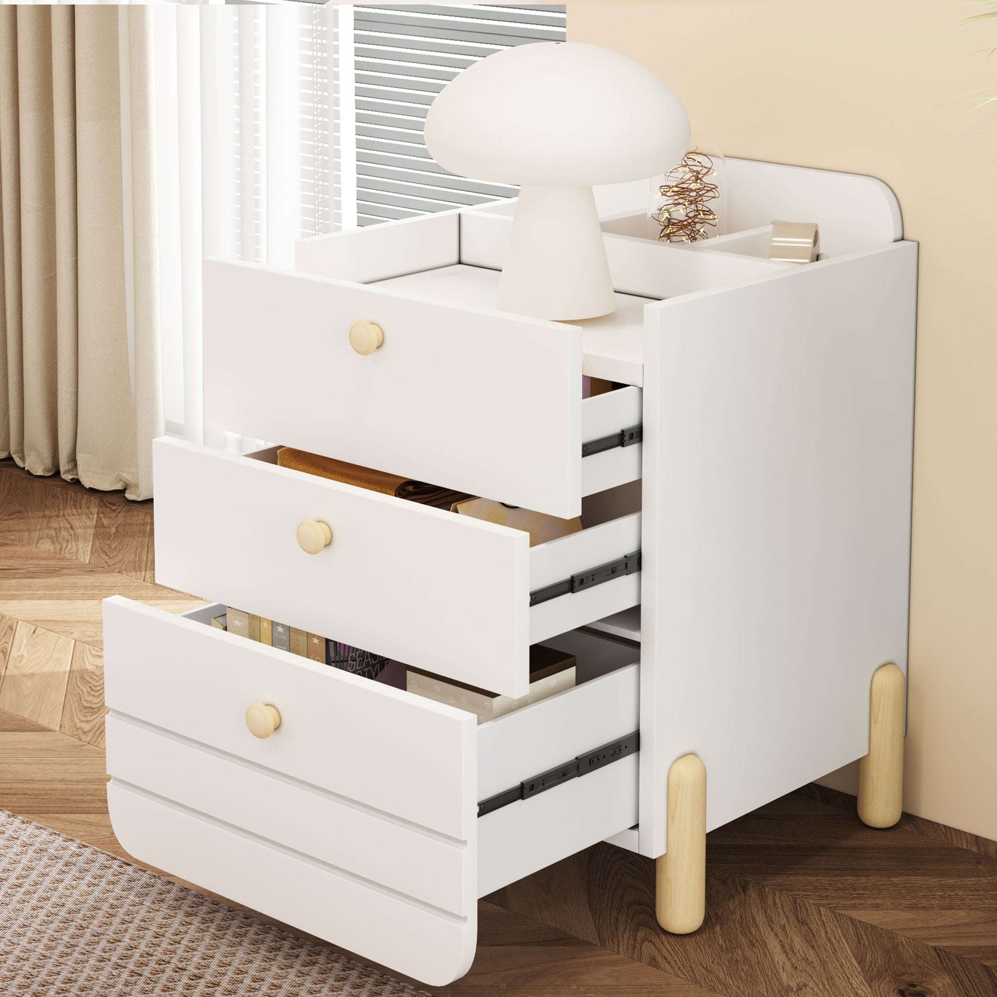 Bedside Table with 3 Drawers, Silent Design, Wood Feet, White