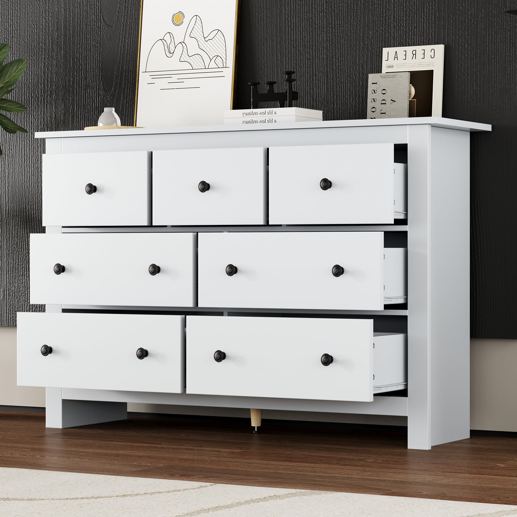 Dining Cabinet, Modern Minimalist 7-Drawer Buffet, White