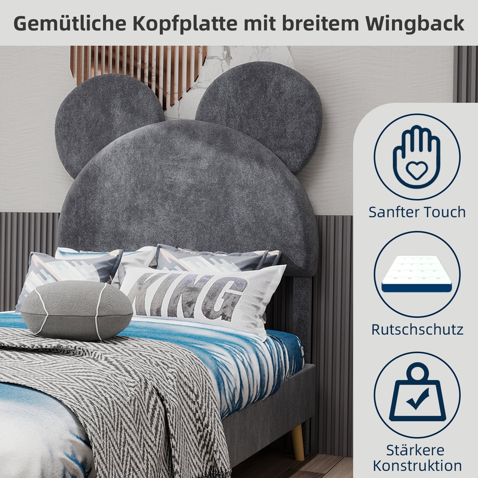 Upholstered Bed, Modern Minimalist, Cartoon-Design Headboard, 140x200 cm, Grey