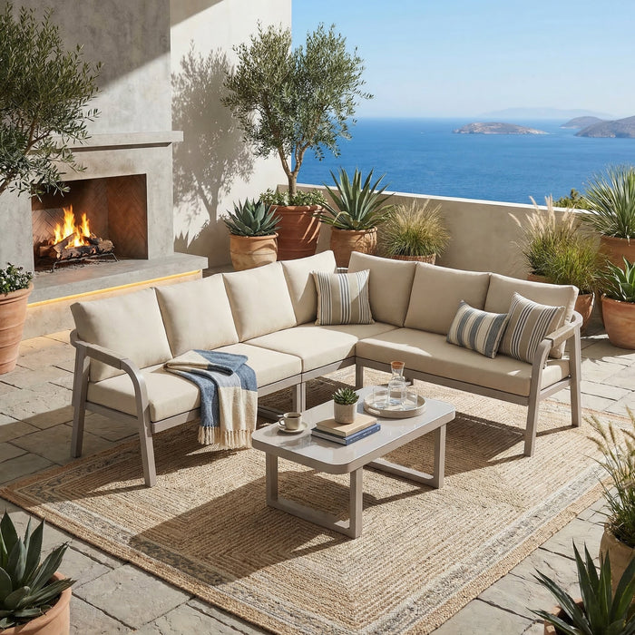 Garden Furniture Set with Corner Sofa and Coffee Table, Seats 6, Woven Beige Steel Tubes