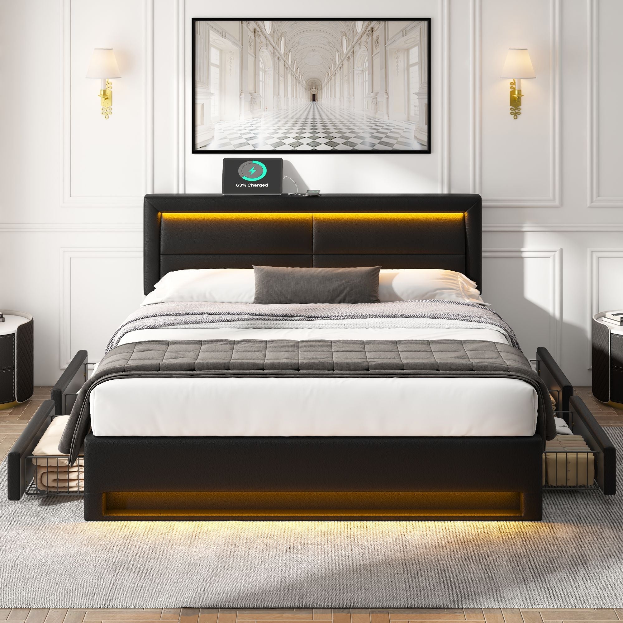 Upholstered Bed 160x200cm with USB Charging, LED Lighting and 4 Drawers, Black PU Lychee Pattern