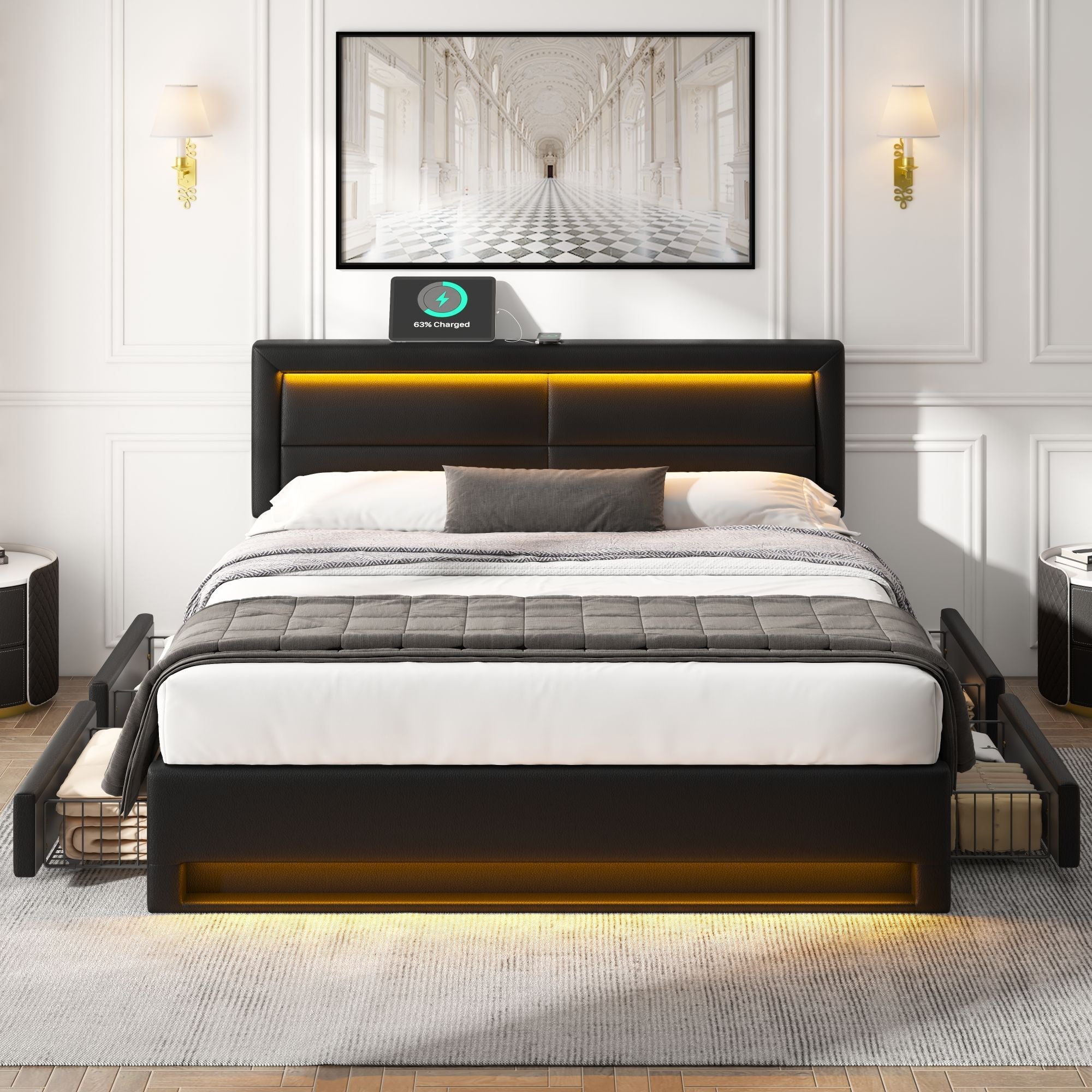 Upholstered Bed 140x200cm USB LED Light 4 Drawers - PU Black