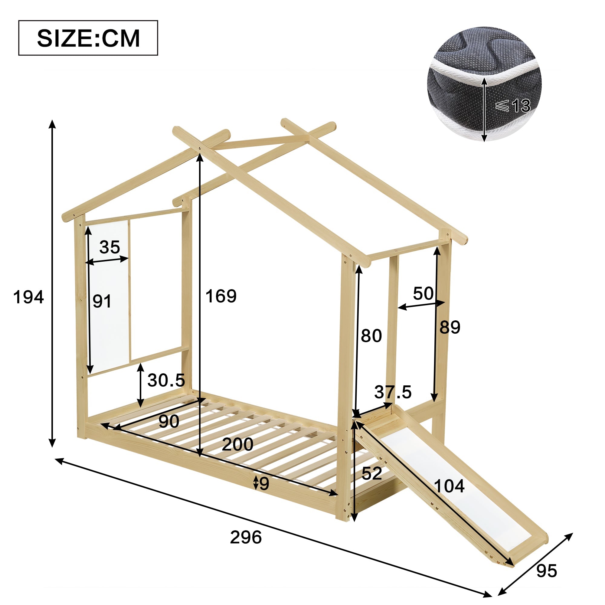 Wooden Bed, Single with Slide, Roof Design & Whiteboard, Pine + MDF + Plywood