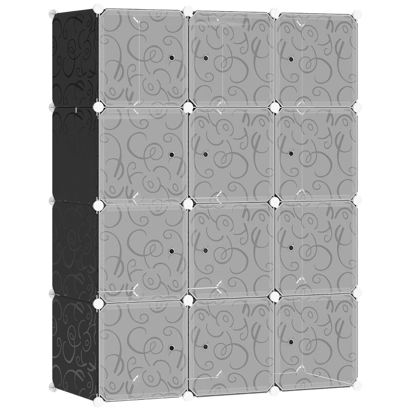 Portable Wardrobe 12 Cube Modular Storage Cabinet with 2 Hanging Rails Plastic White and Black