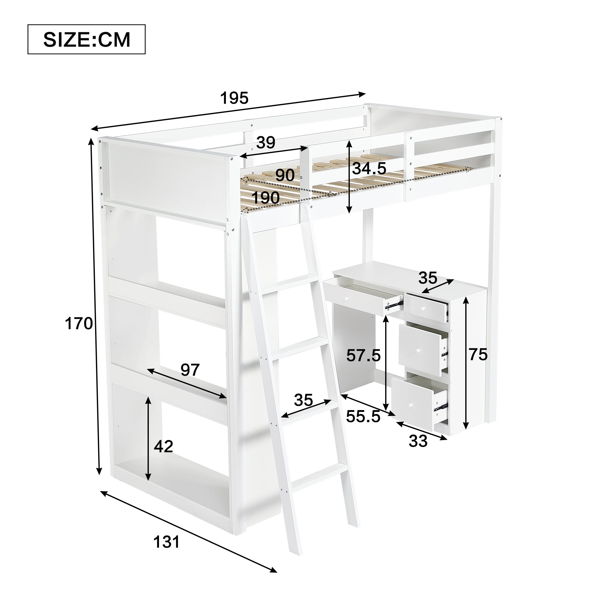 Wooden Bed with 4-Step Ladder, Desk & Drawers, 3FT 90x190cm, White