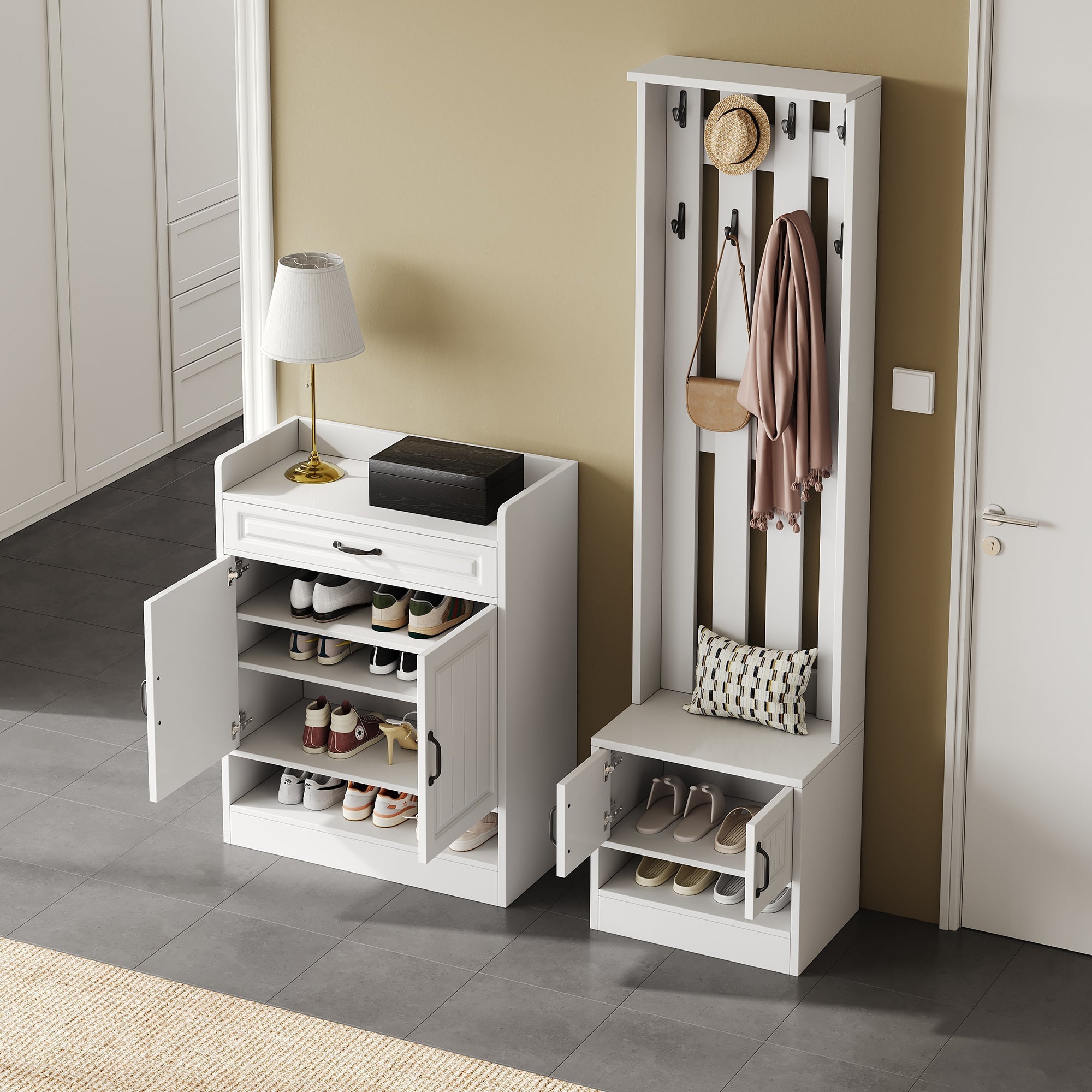 Wardrobe Set with Shoe Bench & Rack, 8 Hooks, 4 Doors, 1 Drawer - White