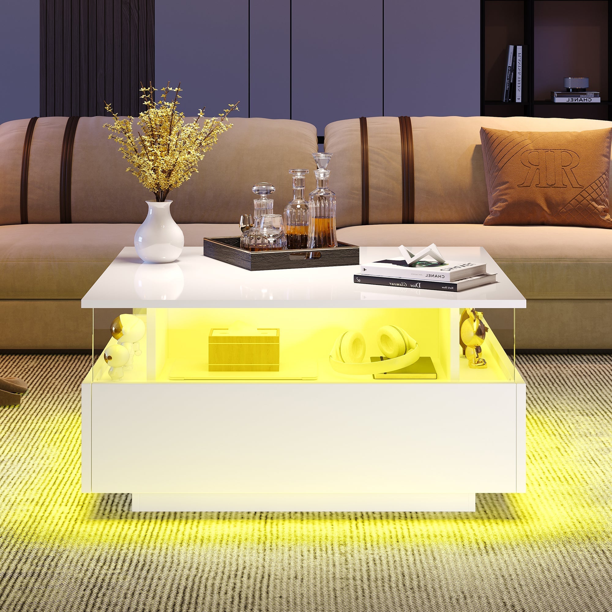 Coffee Table, Modern High-Gloss LED with 2 Drawers, Glass