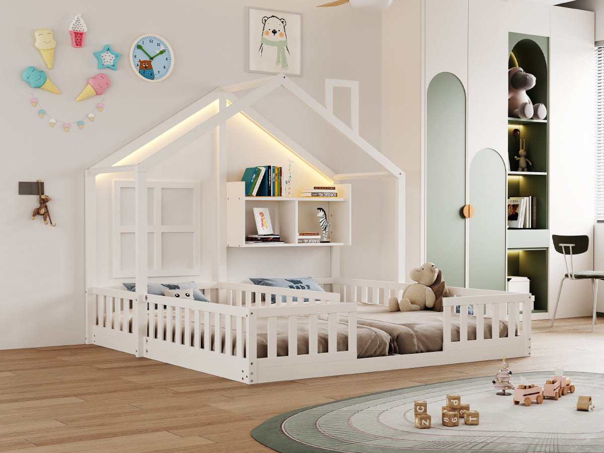 Wooden Children's Bed 90x200cm House Design LED Lighting Storage White