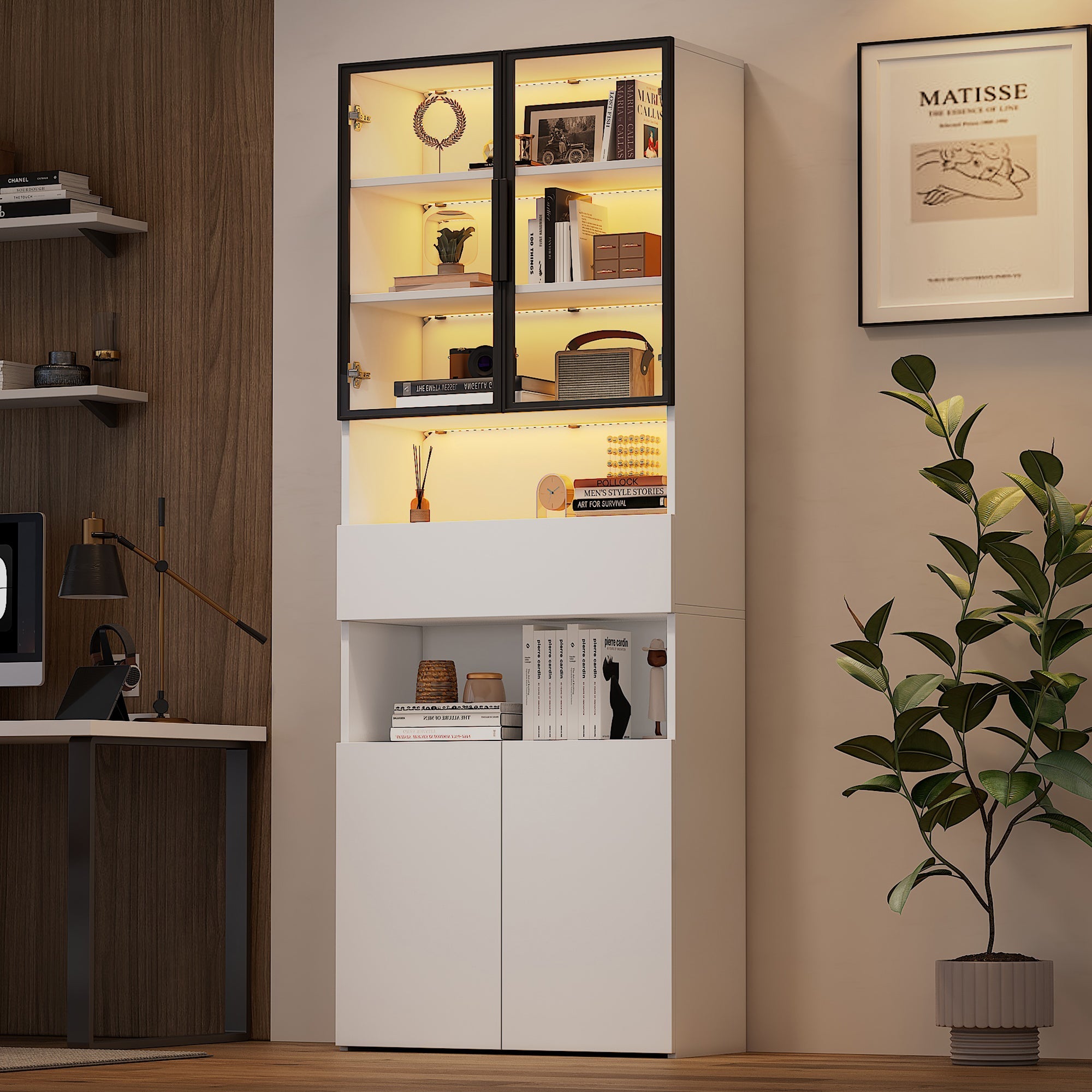 Display Cabinet with Drawers, Glass Doors & LED Lighting, 70x30x200cm, White
