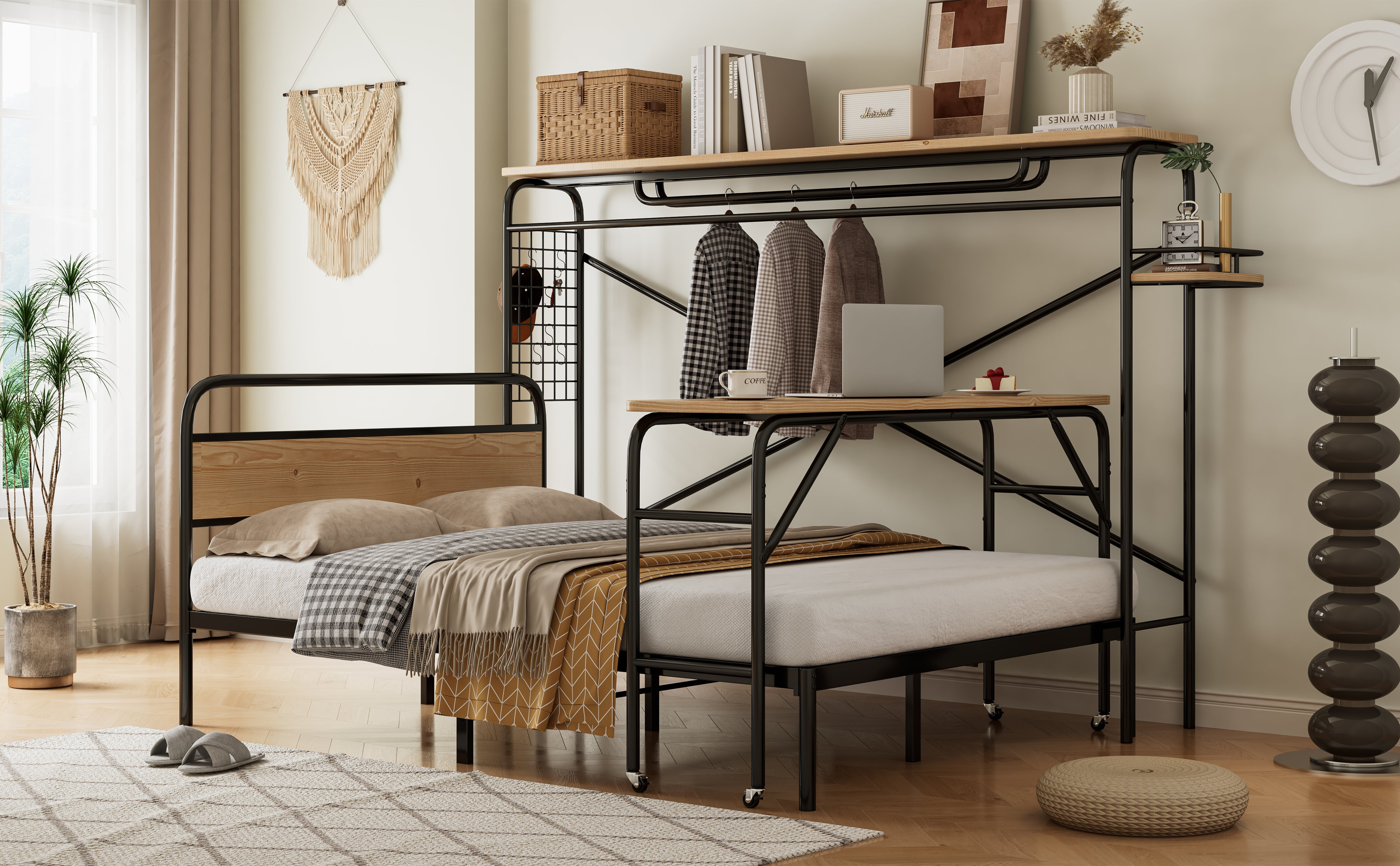 Metal Bed, Flat with Table & Coat Rack, Black & Natural Wood