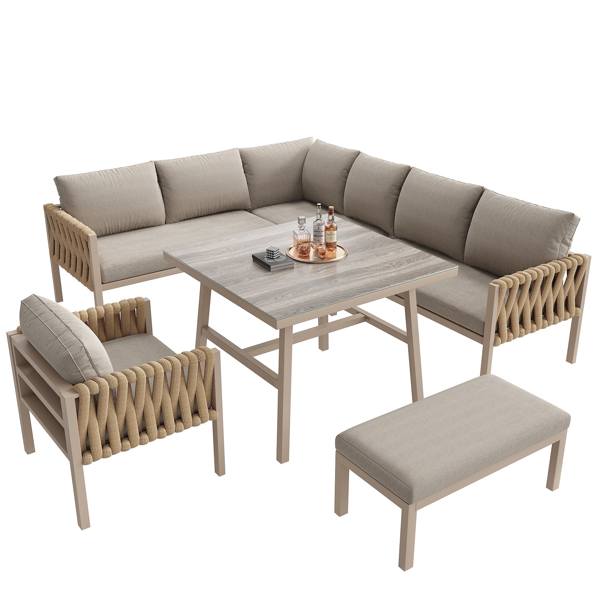 Rope Garden Furniture Set Corner Sofa Adjustable Legs Tempered Glass Beige