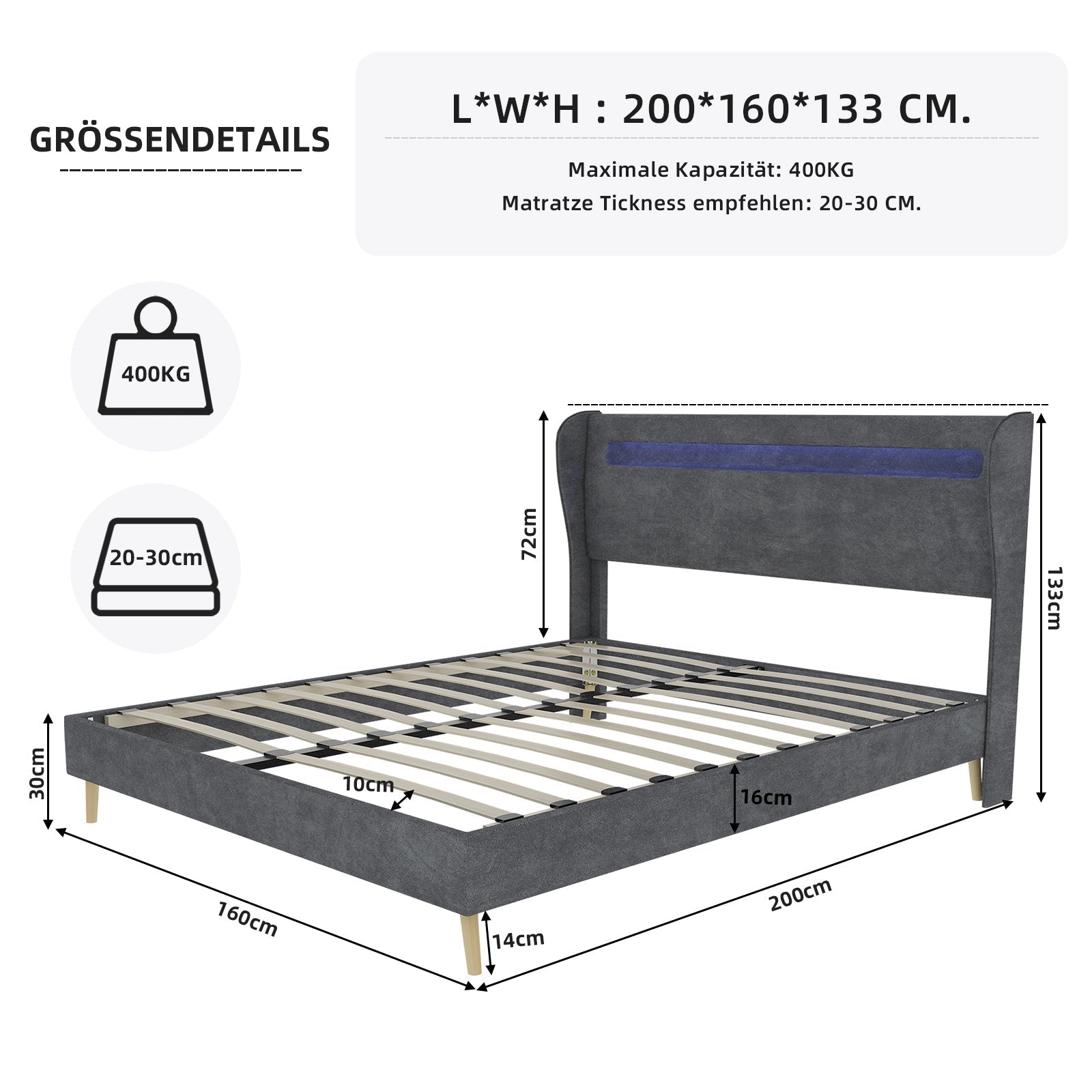 Upholstered Bed, Modern Minimalist LED Headboard, 160x200 cm, Grey