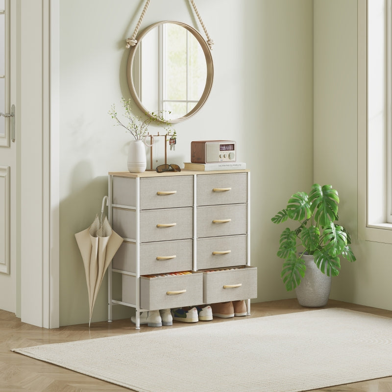 Fabric Chest of Drawers, 8 Fabric Drawers Industrial Dresser Steel Frame Wooden Top, Maple Wood-effect