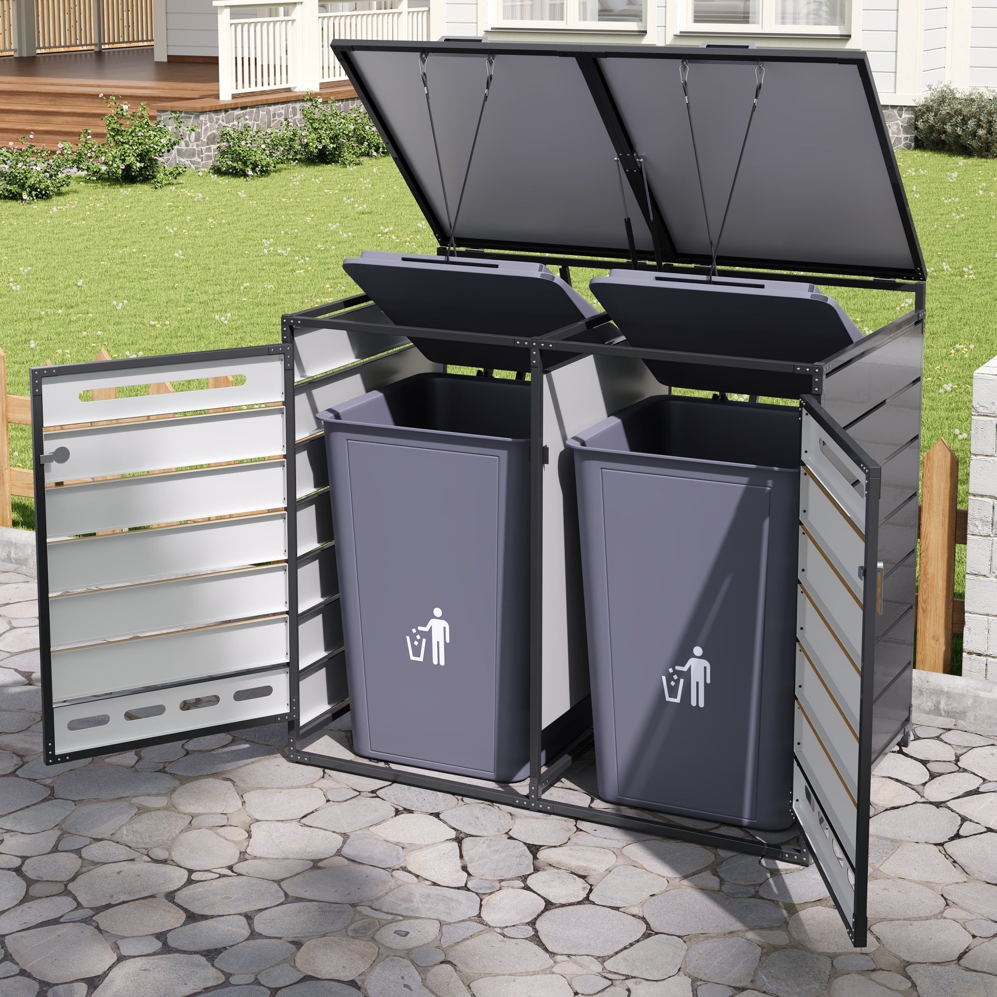 Bin Storage Unit with Hydraulic Lid and Slotted Ventilation, Iron with Wood-Look Cladding