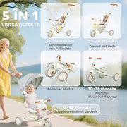 Children's Tricycle 5-in-1 Convertible Baby Buggy with Push Handle and Safety Belt, Cream White