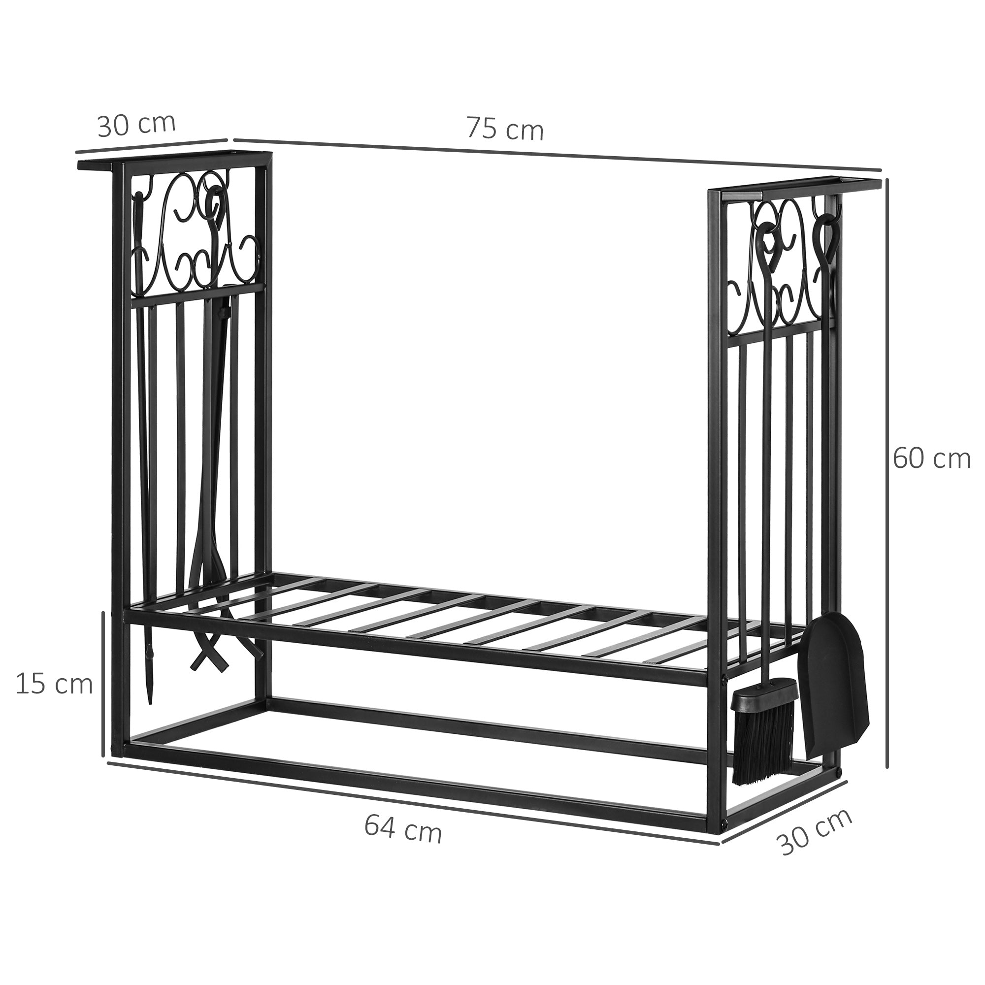 Firewood Rack with Fireplace Tools, 75 x 30 x 60 cm, Black Steel