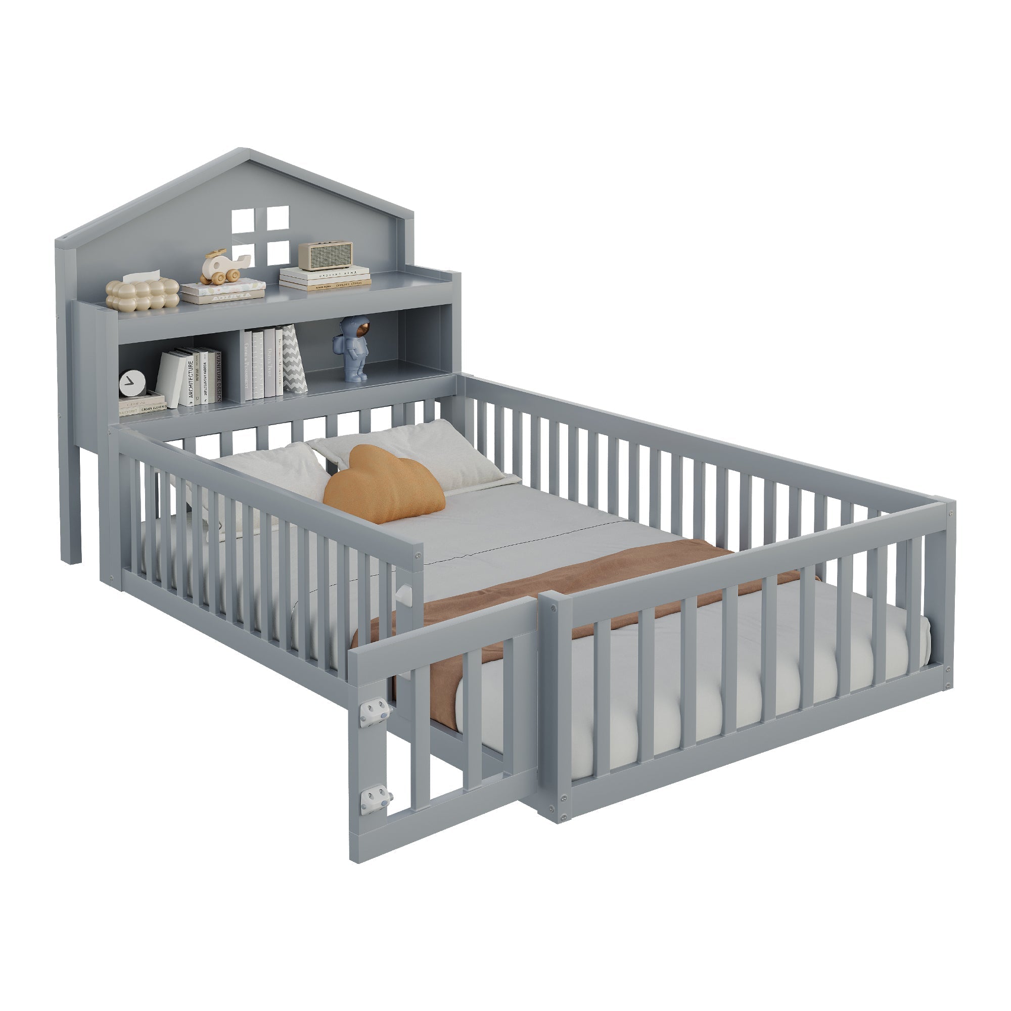 Children's Bed 90 x 200, Solid Wood Frame with Shelves, Storage, Safety Gate & Picture Rail, Grey