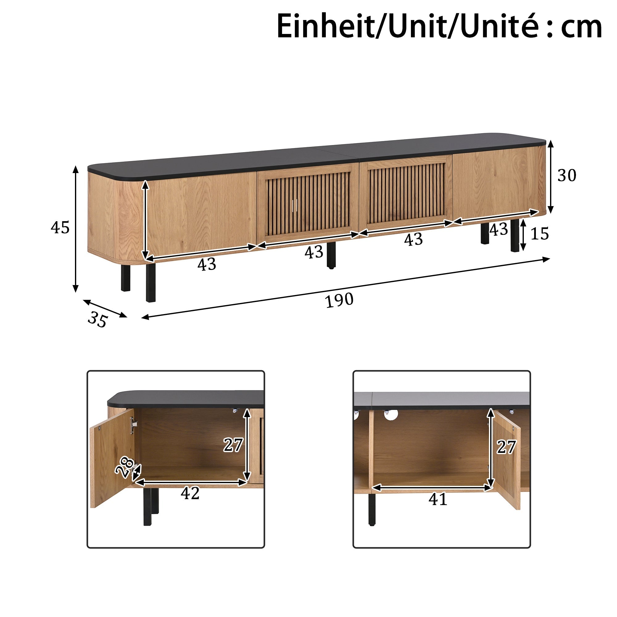 Modern TV Cabinet with Mesh Doors and Storage Compartments, Black and Oak finish
