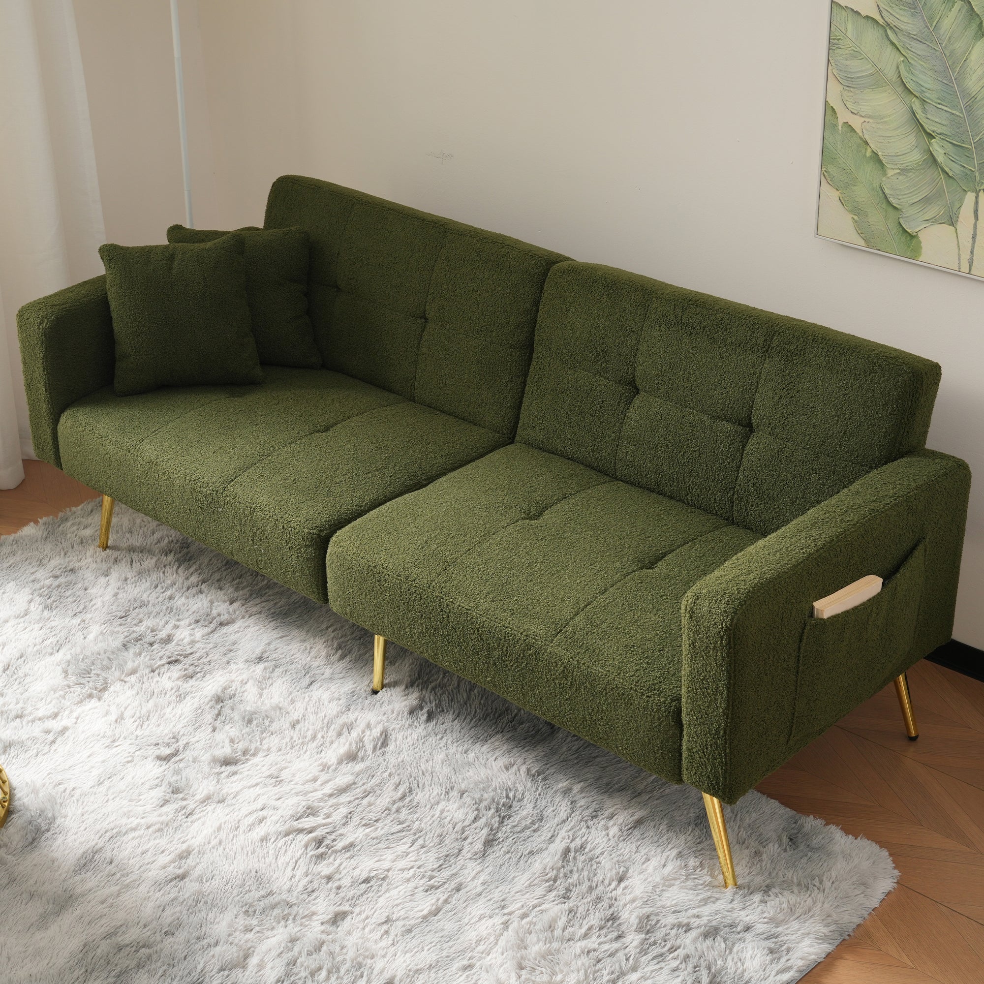 Sofa Bed with 3 Adjustable Backrest Angles and Storage Pockets, Gold Legs