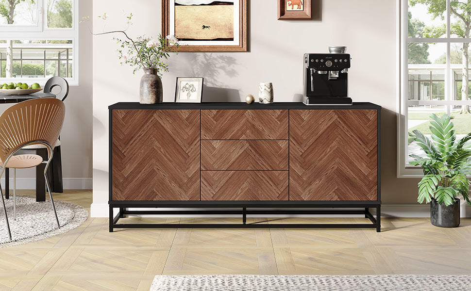 Living Room Sideboard 145cm 3 Drawers 2 Doors Adjustable Dividers - Wood/Black