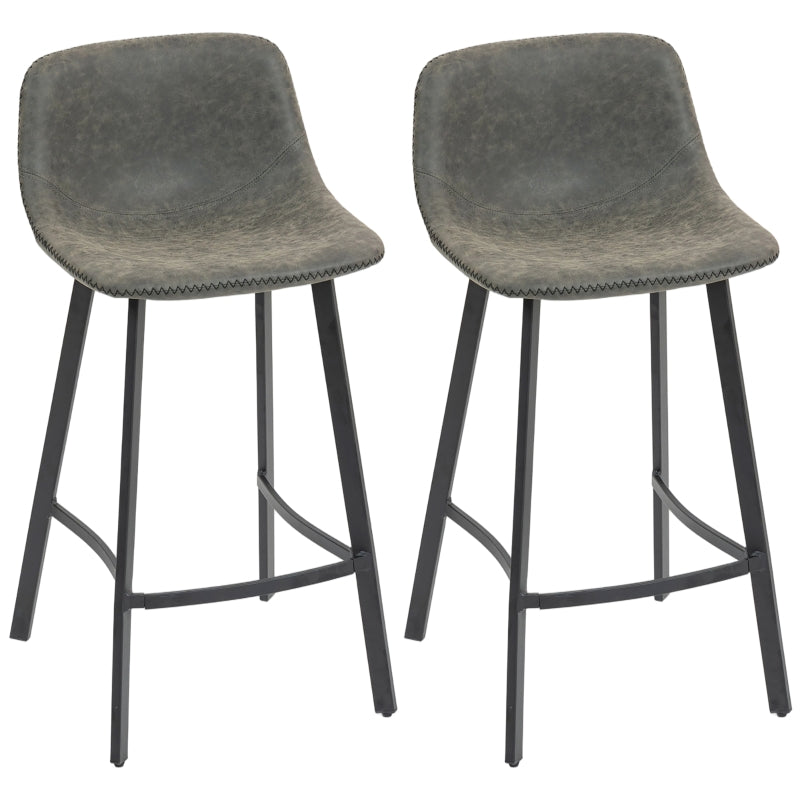 Bar Stools Set of 2, Dining Stools with Backrest and Footrest, PU Leather Grey