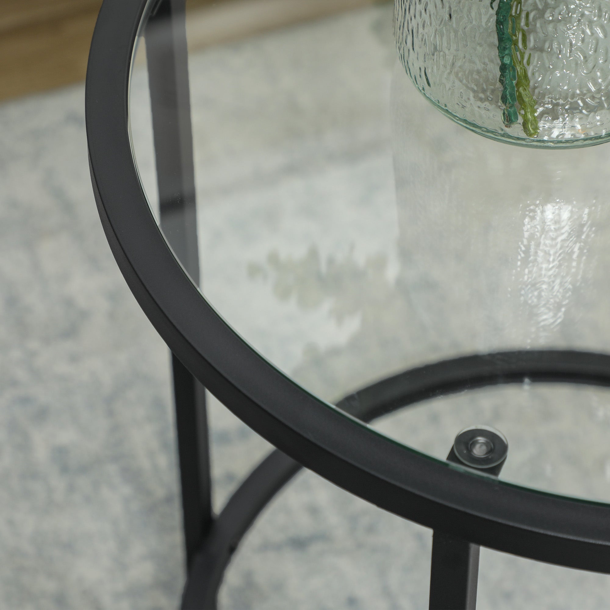 Round Side Coffee Table, Glass Top Nightstand Metal Frame, Black