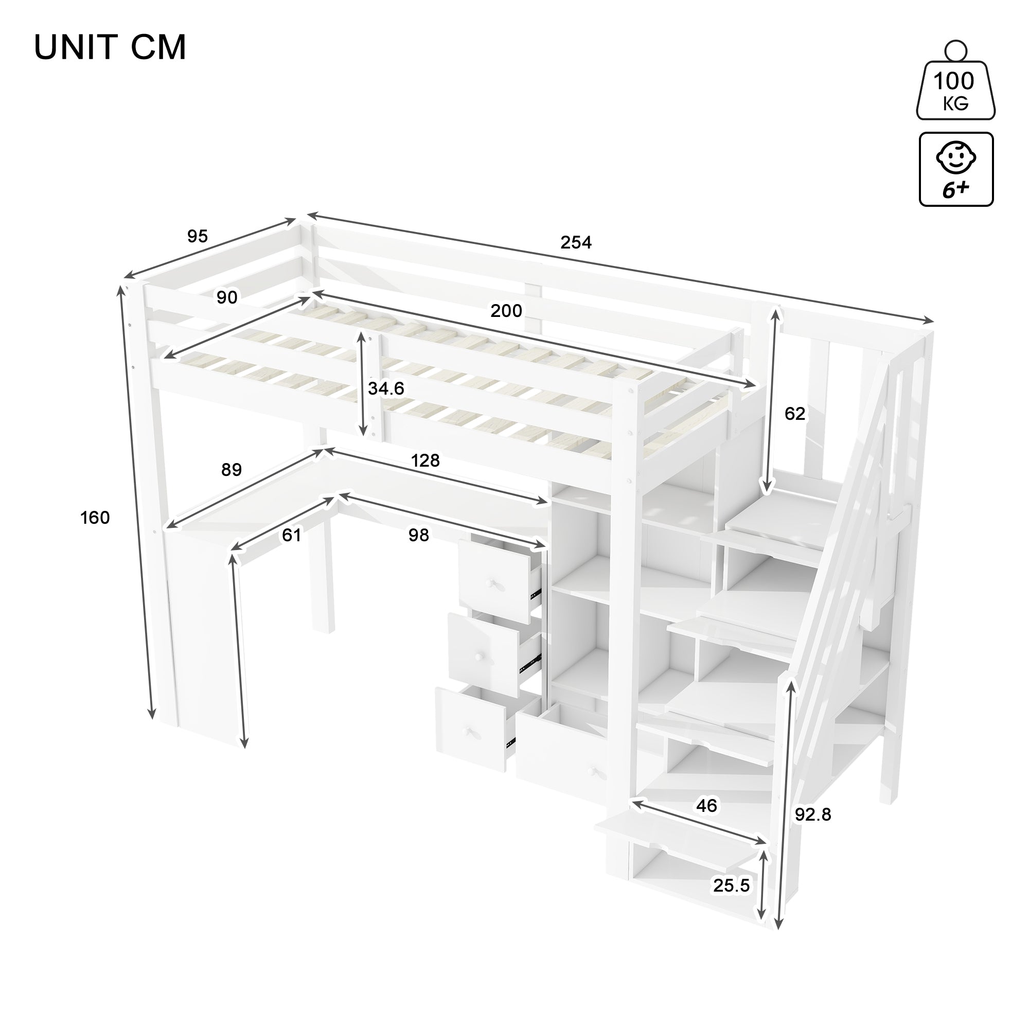 Loft Bed 90x200cm Desk Drawers Storage Stowable Ladder EN 747 Certified White