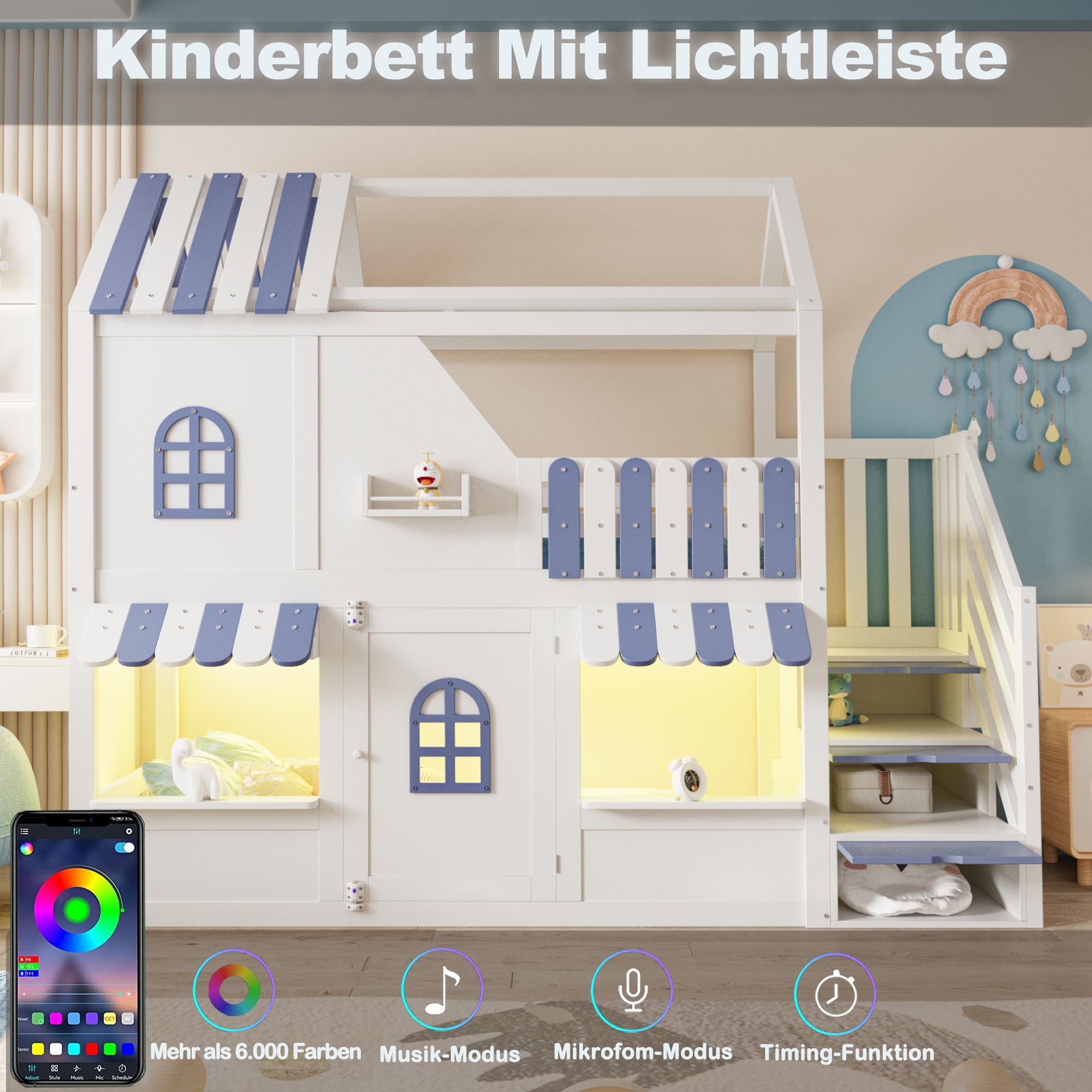 Children's Bunk Bed with House-Shaped Design, Storage Ladder, LED and Shelves, 90x200cm, White + Blue
