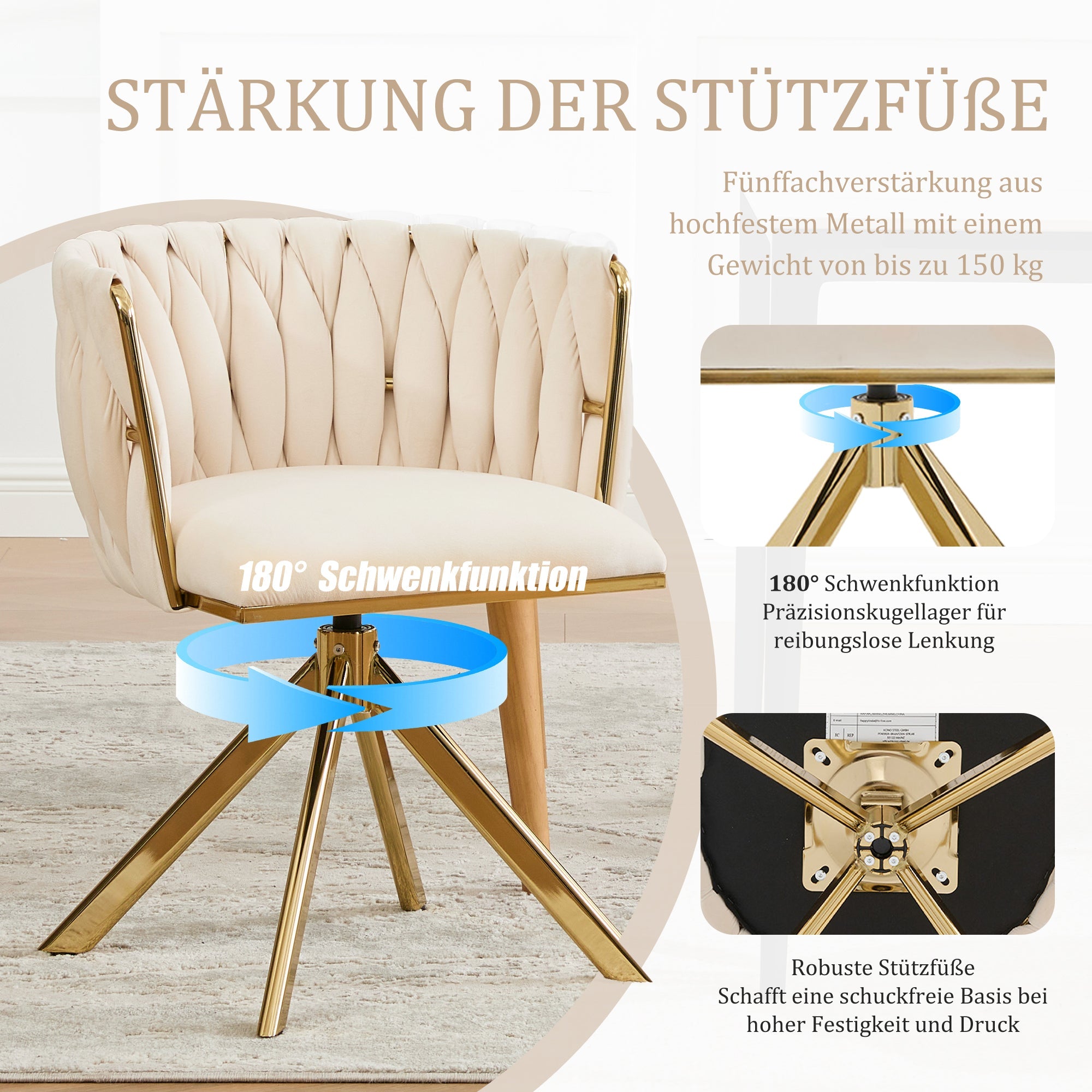 Velour Armchair, Heavy-Duty, 180° Swivel, Ergonomic, Metal Frame