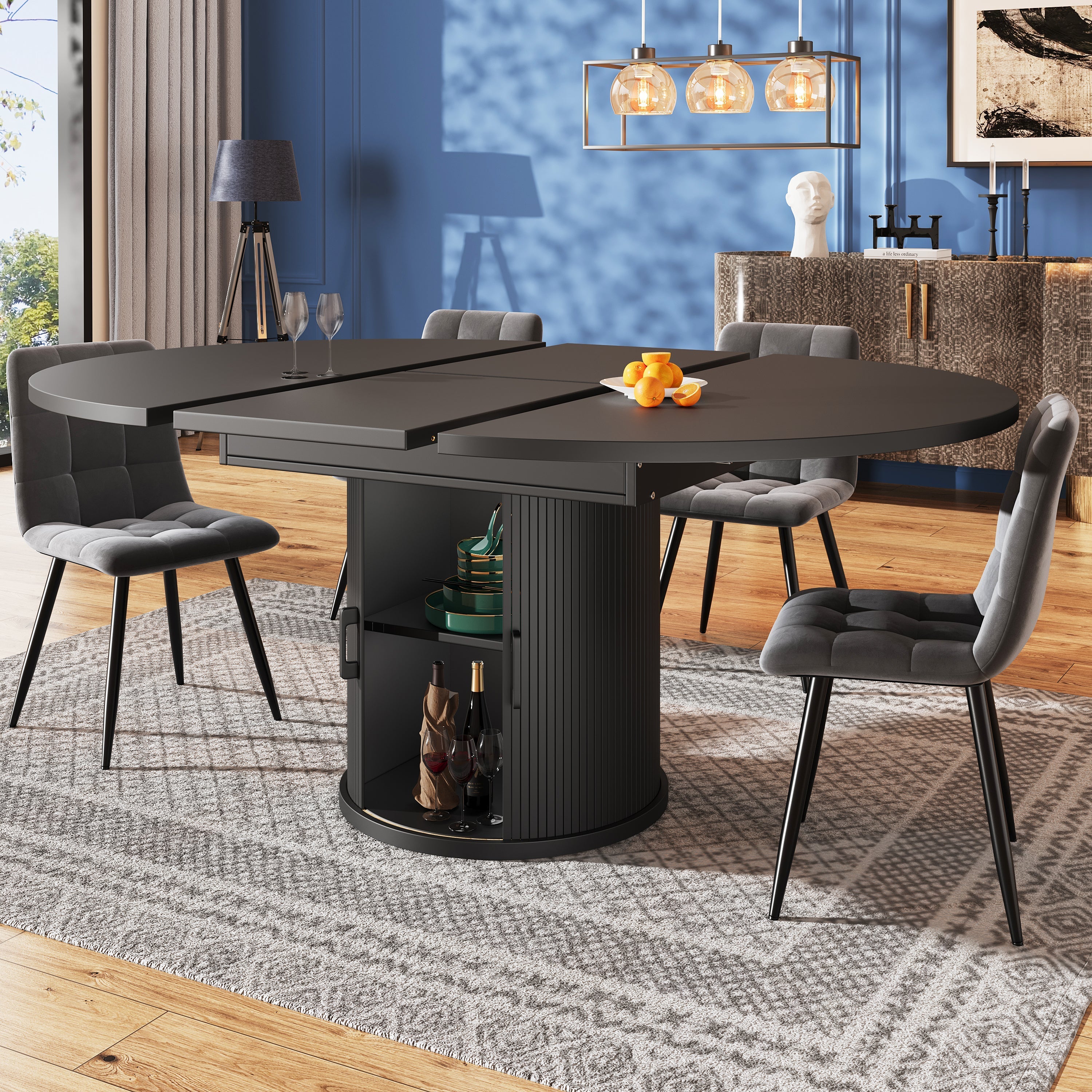 Extendable Dining Table Round to Oval, 118–158 cm, 6 Seater, Walnut/Black
