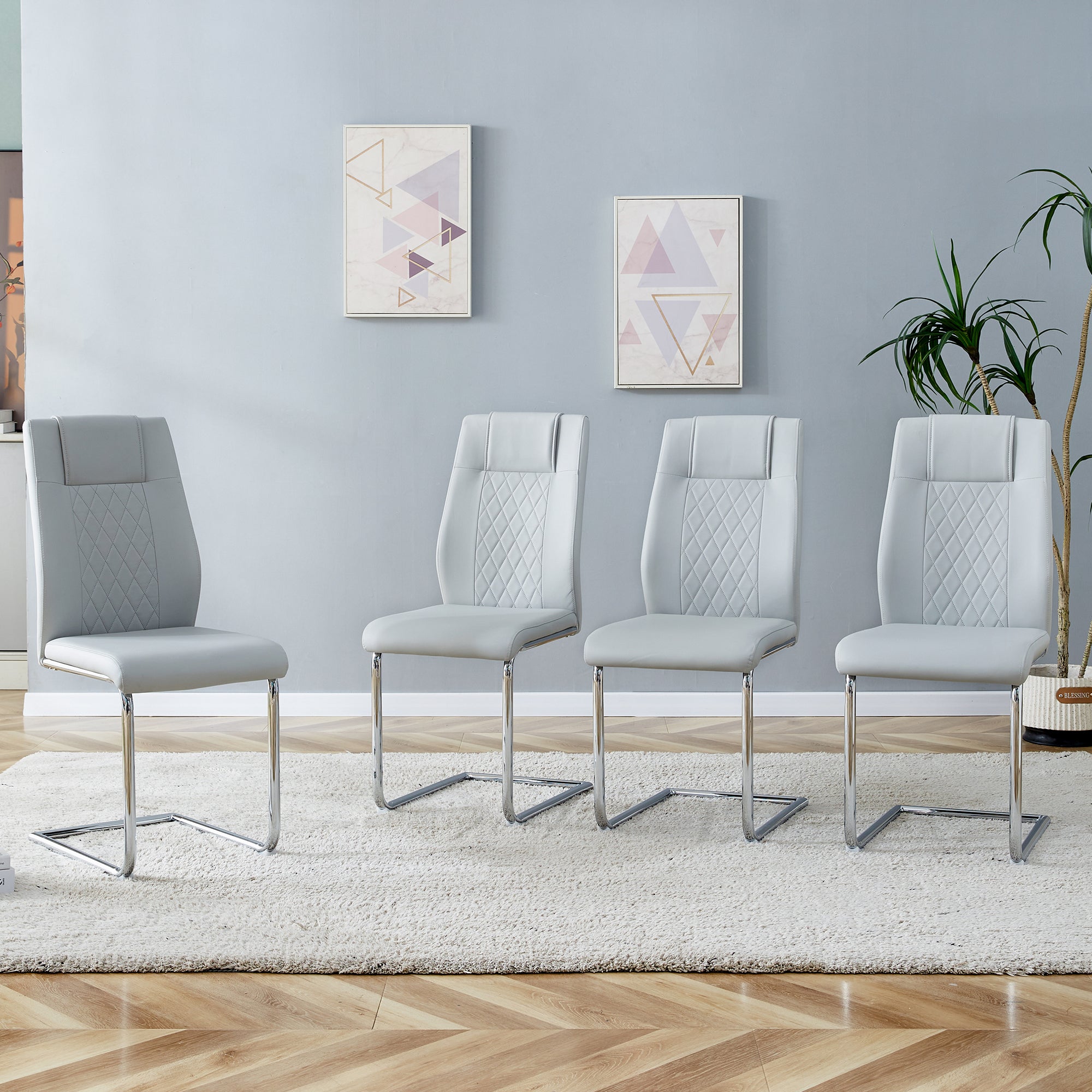 Scandinavian Dining Chairs Set of 4 Mesh Back Silver Metal Legs - Light Grey PU Leather