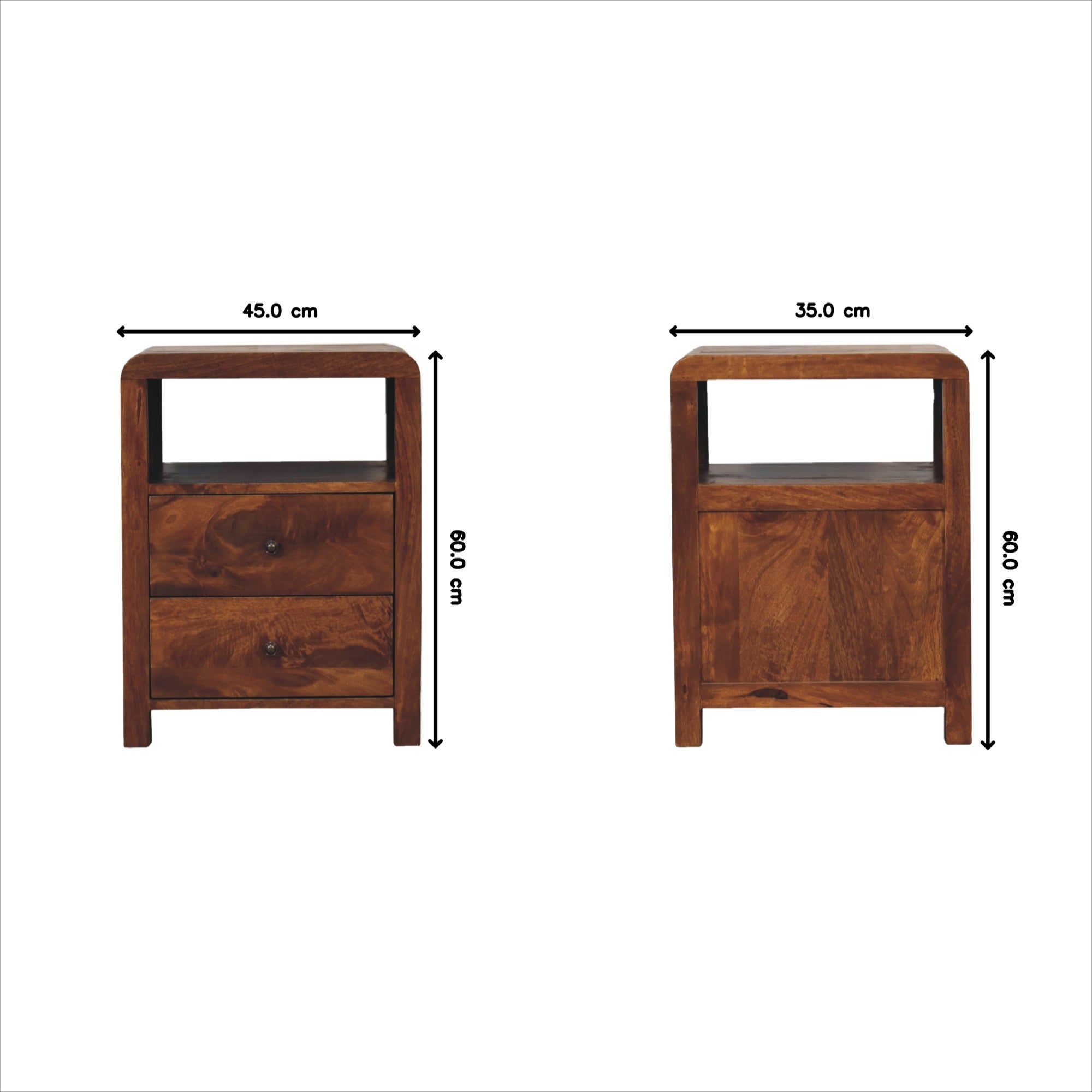 Solid Wood Aspen Bedside: 2 Drawers, 1 Open Slot - Dark Brown