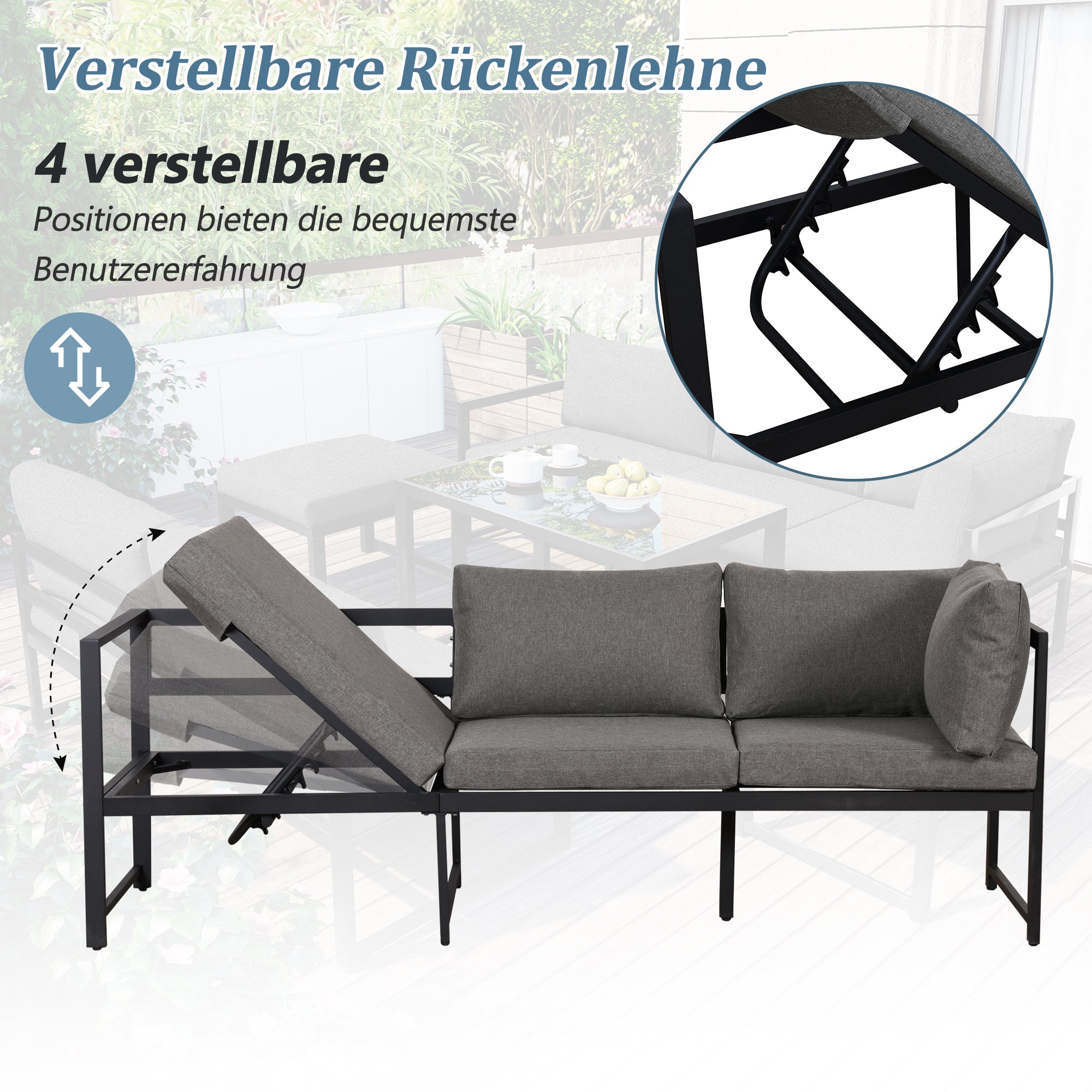 Garden Lounge Chair Set Aluminum 4-Way Reclining Adjustable Backrest with Cushions - Grey