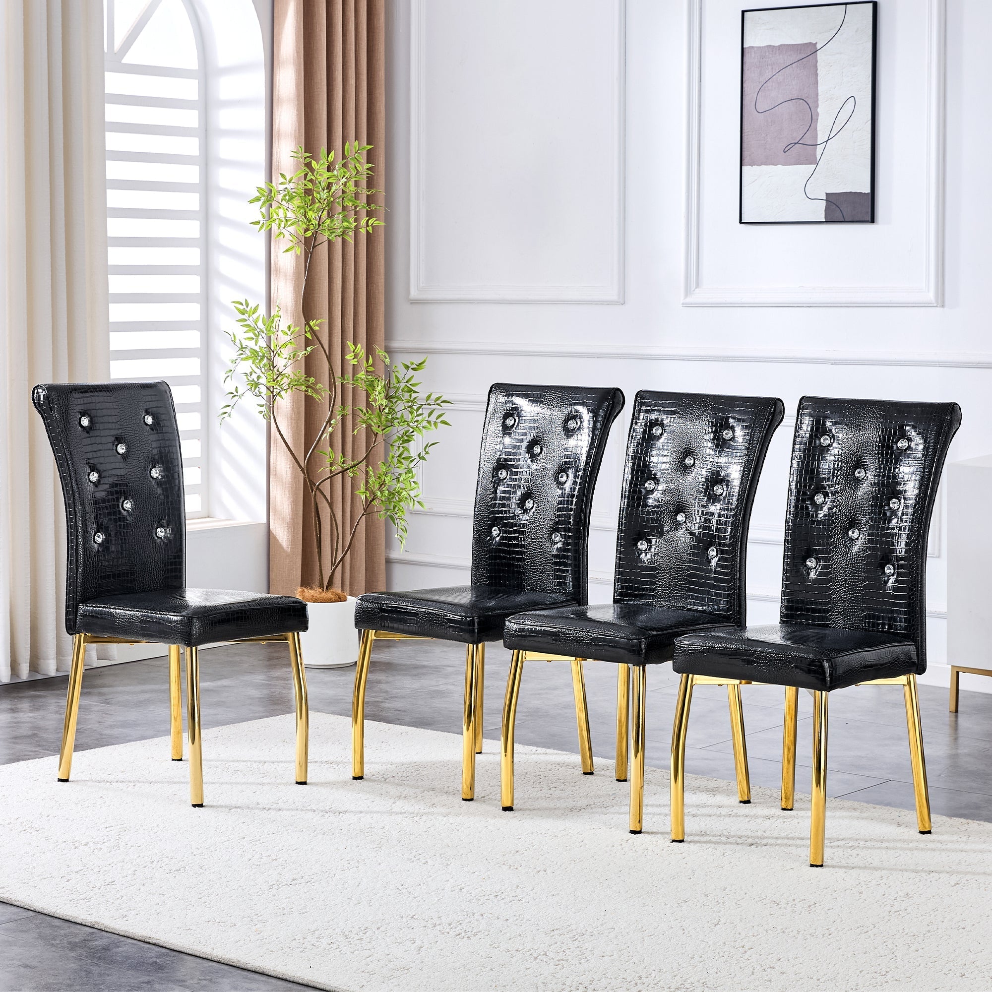 Dining Chairs Set of 2 Retro Upholstered Alligator-Skin Crystal Buckle Gold Legs Faux Leather