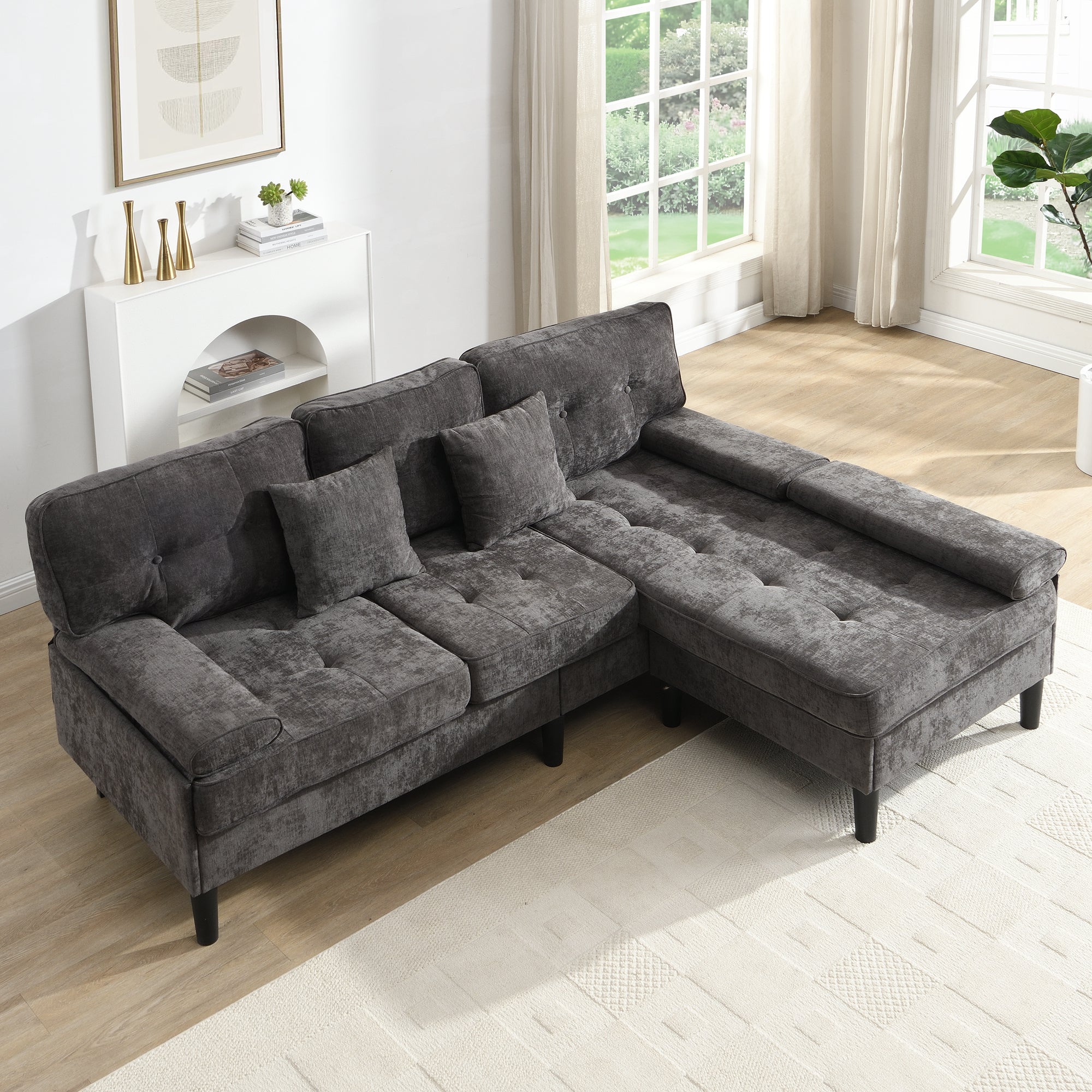 L-Shaped Corner Sofa with Sleeping Function and Movable Footrest, Chenille