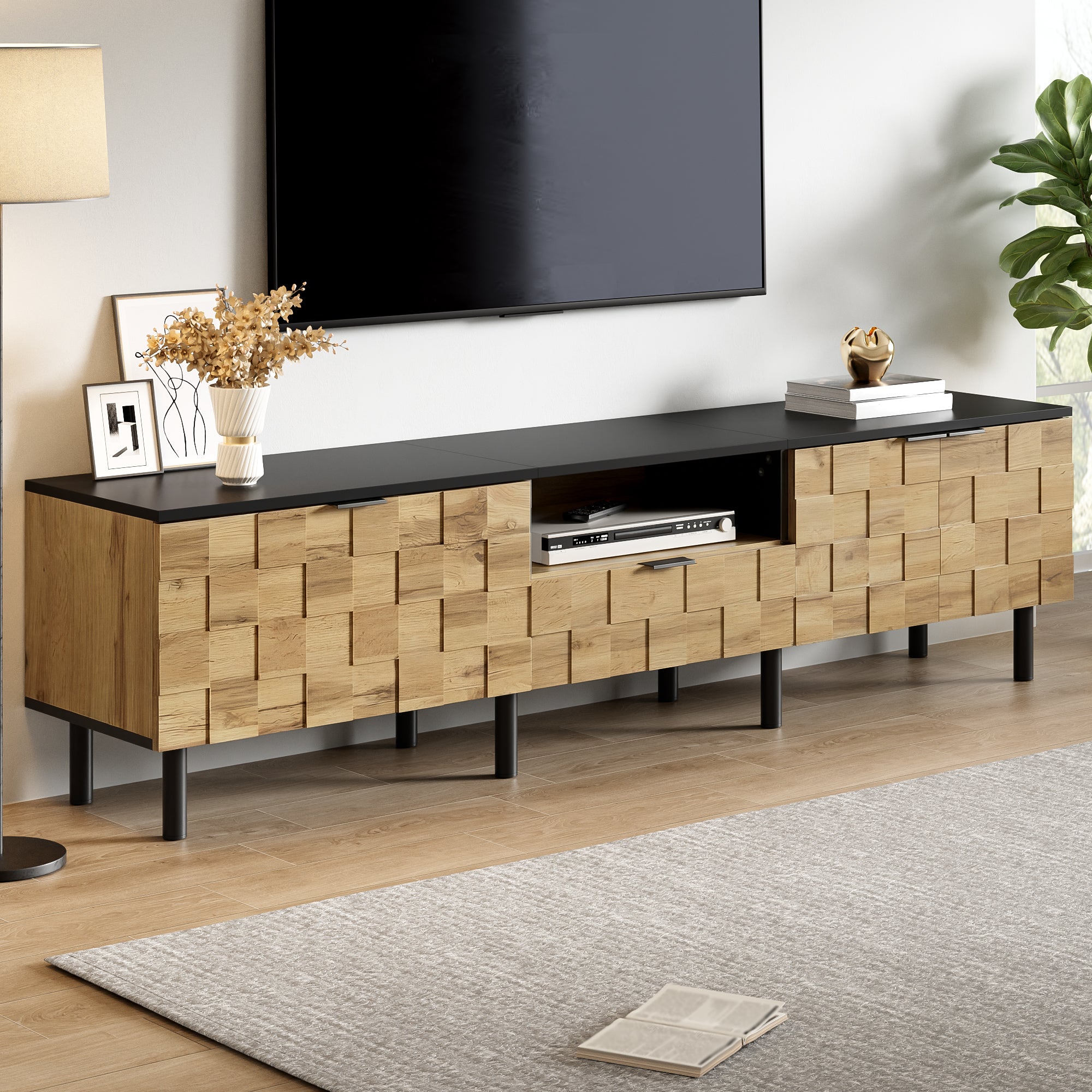 Mosaic TV Cabinet with 2-Door Drawer and Open Compartment, Wood Look Chipboard