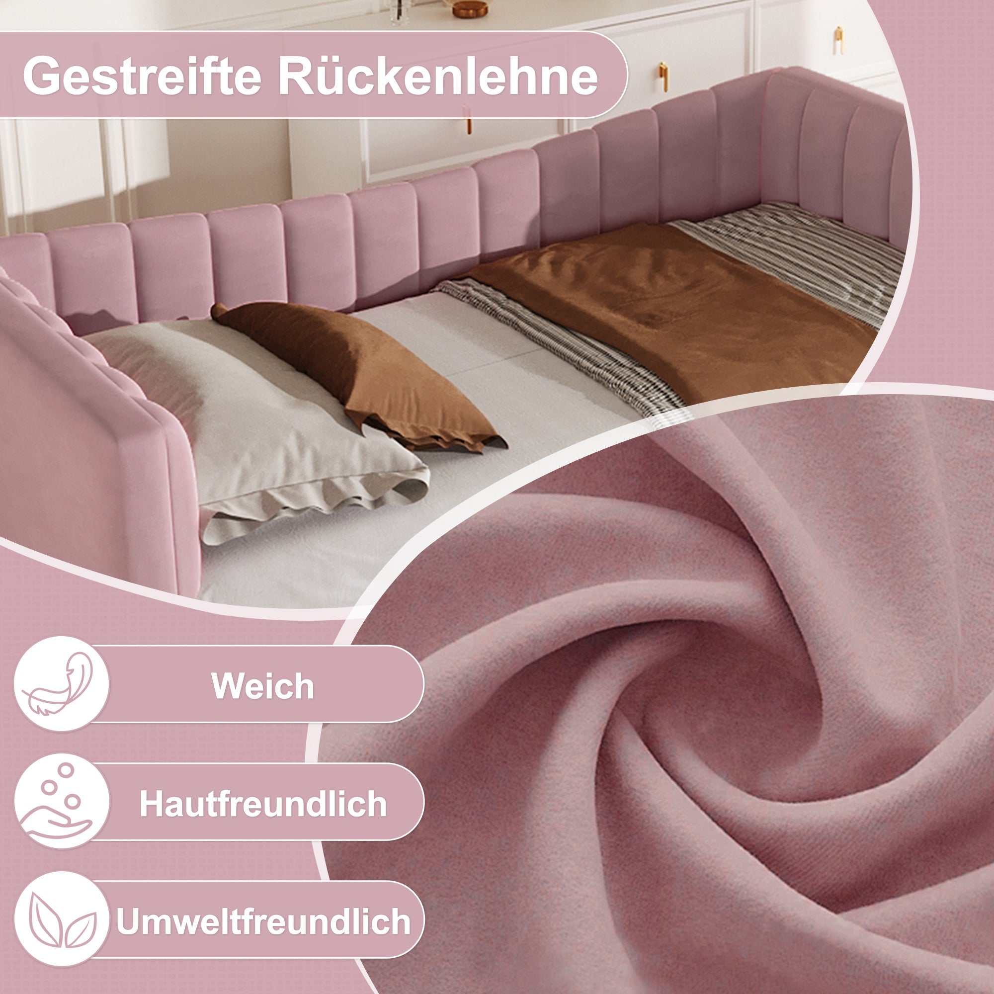 Daybed Upholstered Pull-out Bed 90/180x200cm - Velvet Pink