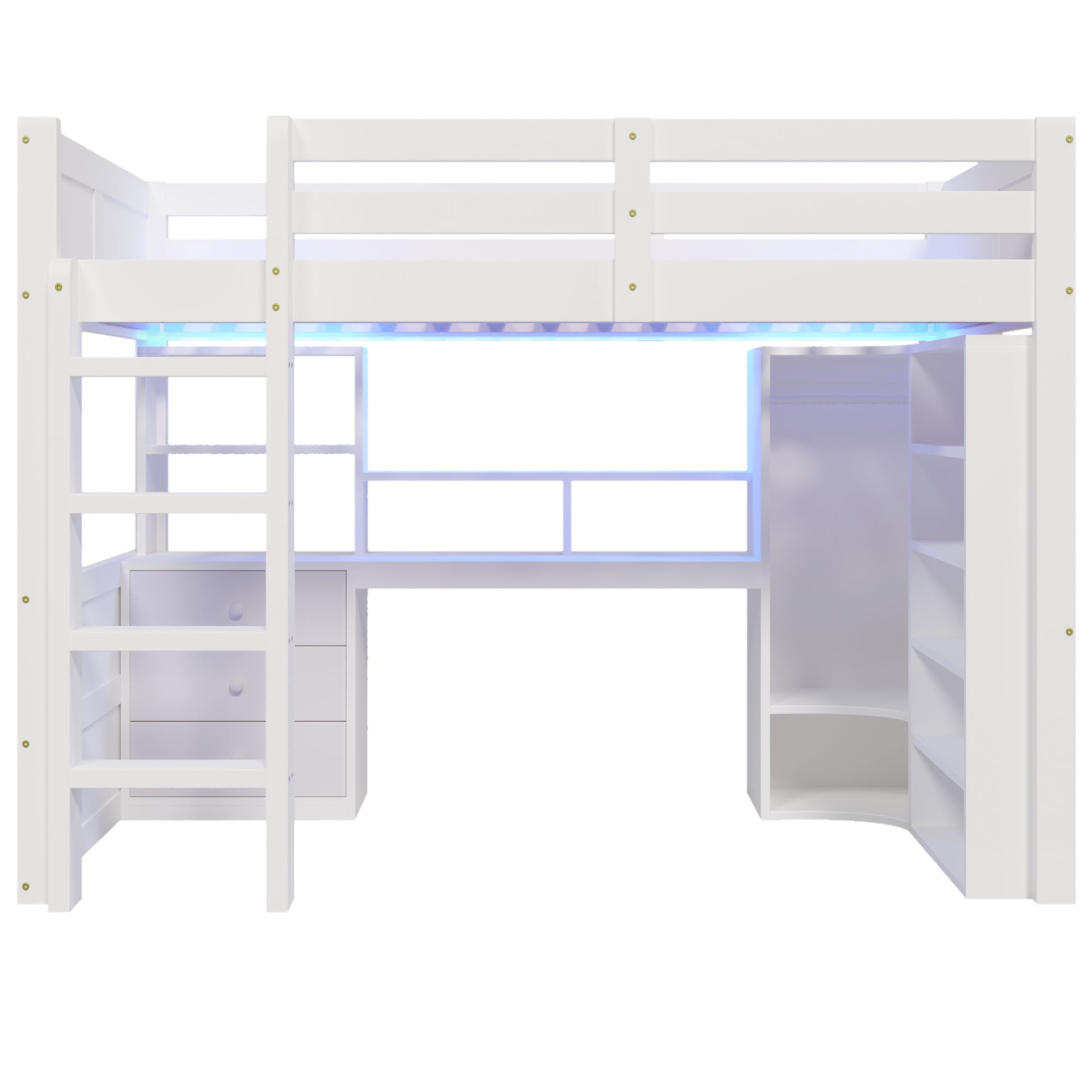 Loft Bed 140x200cm with LED Lights, Wardrobe, Desk, Drawers, Storage, White