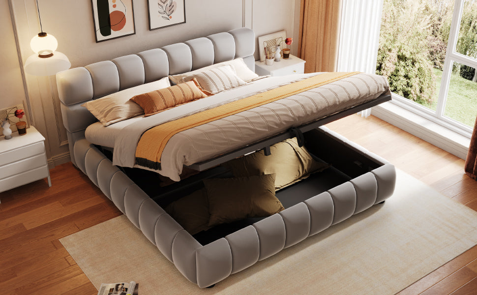 Upholstered Bed 140x200cm Hydraulic Storage Velvet Grey