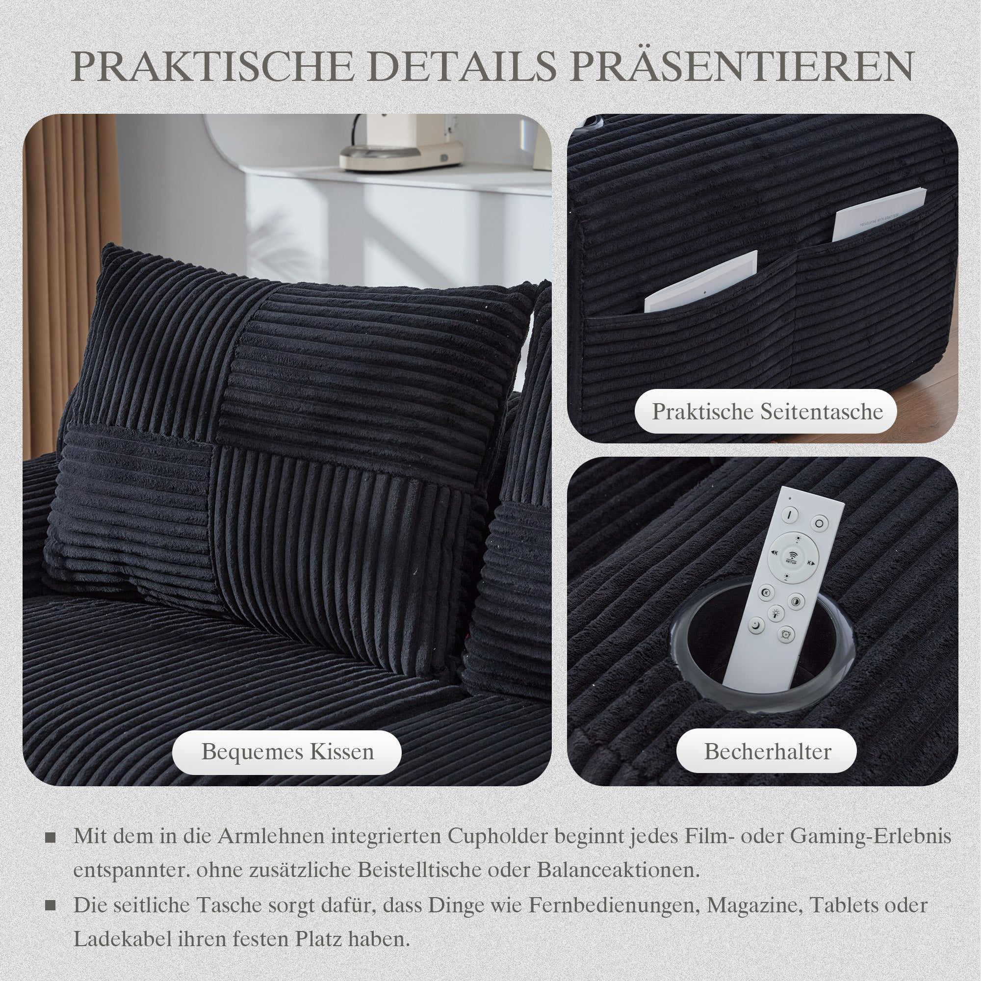 Modular 2-Seater Sofa with Ottomans, Cup Holders and Storage Pockets, Black Corduroy