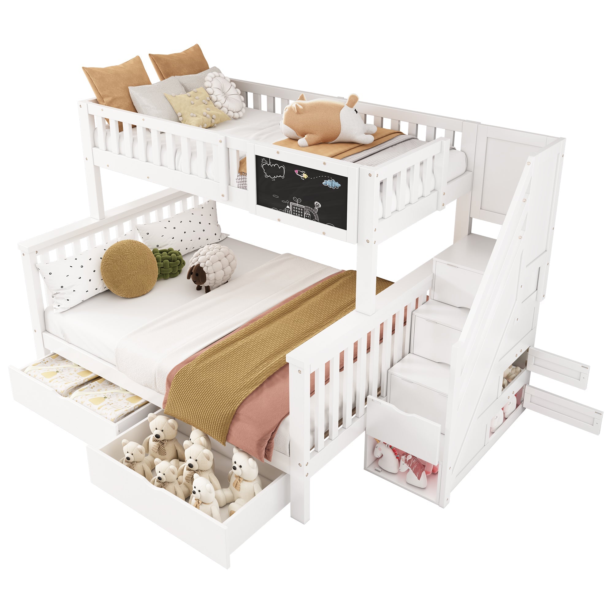 Children's Bunk Bed with Chalkboard and Drawers, 90x200 & 140x200cm, White